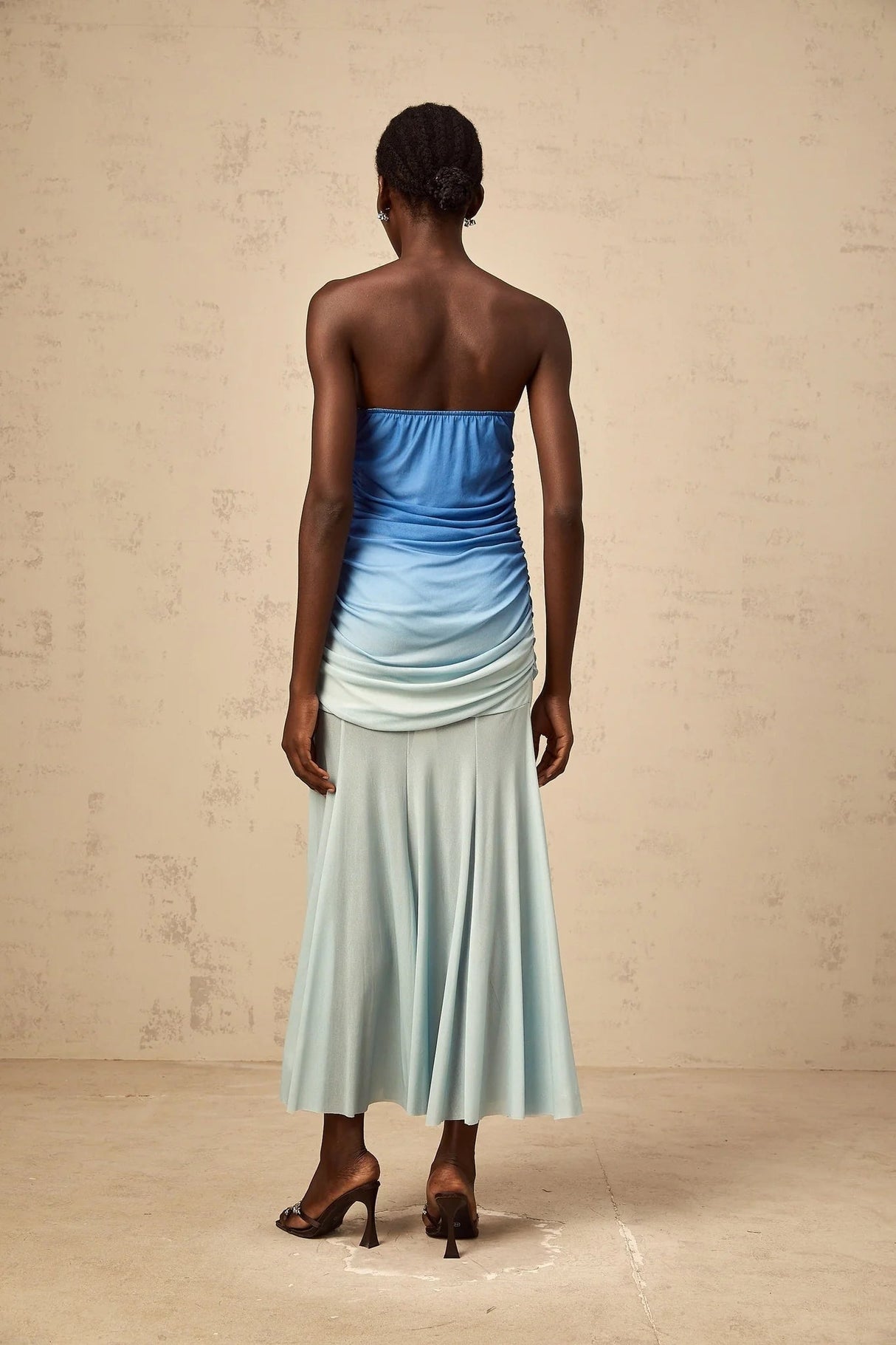 Lana Midi Dress Blue Mesh Gradient Flare & Ruched