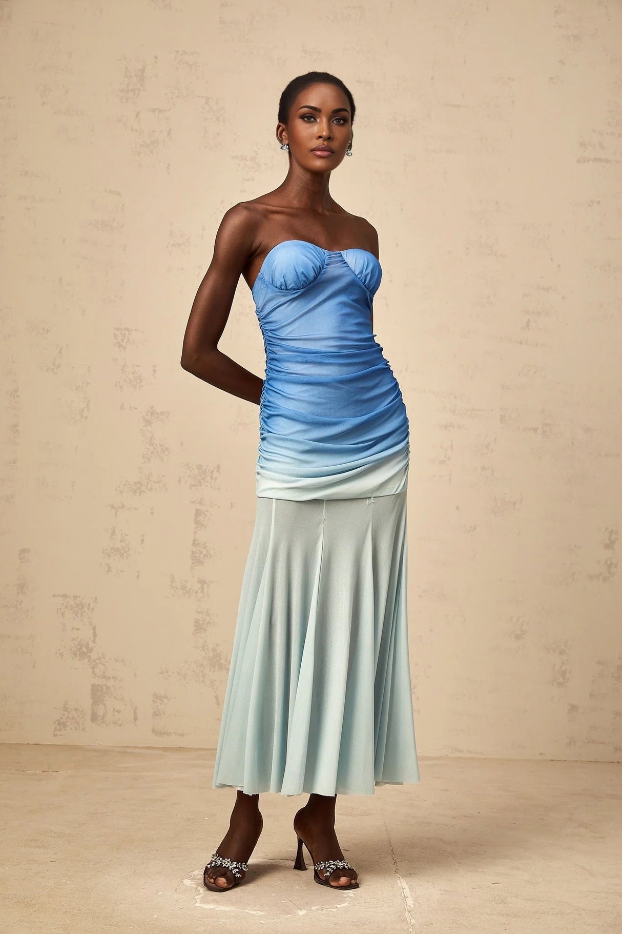 Lana Midi Dress Blue Mesh Gradient Flare & Ruched