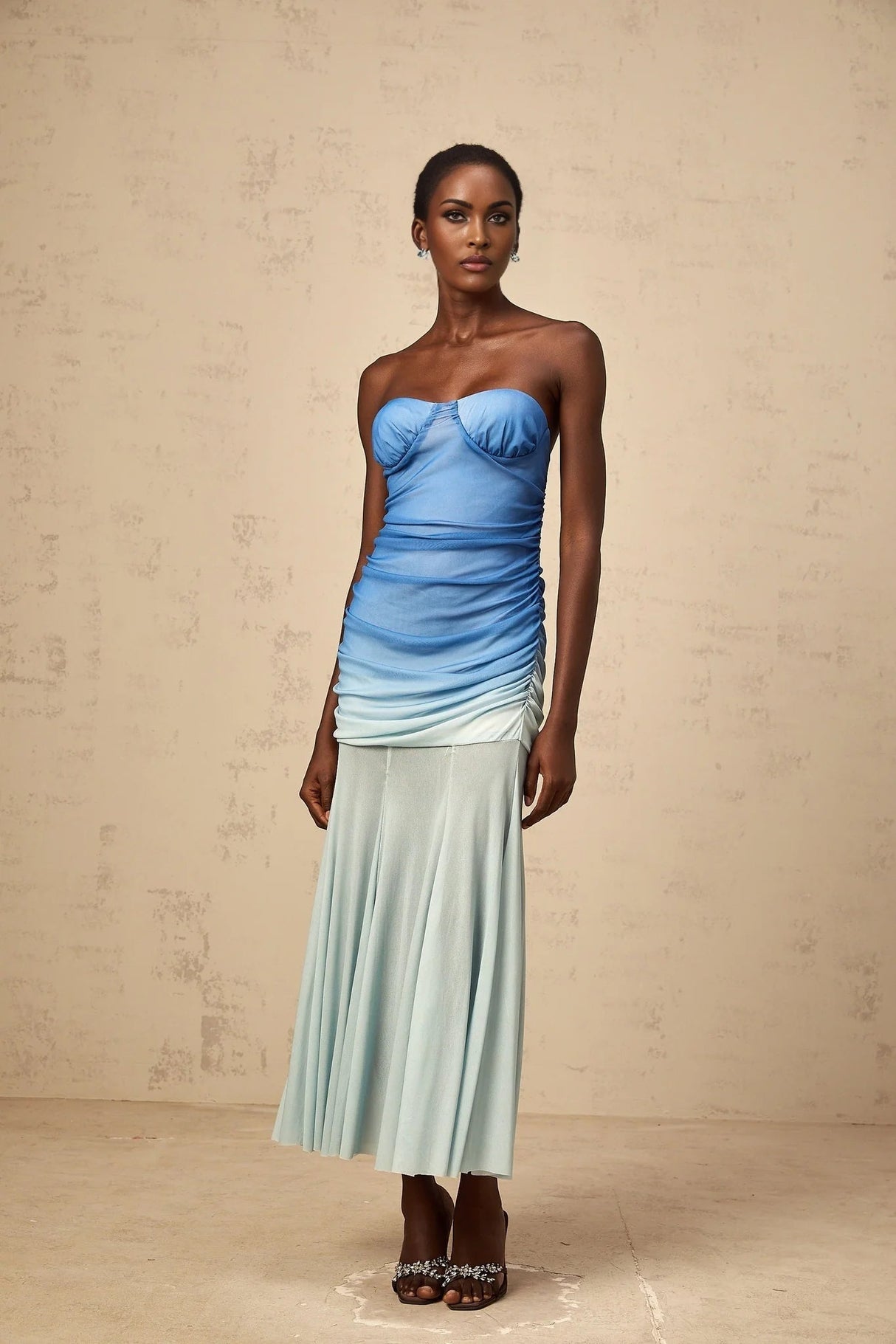 Lana Midi Dress Blue Mesh Gradient Flare & Ruched