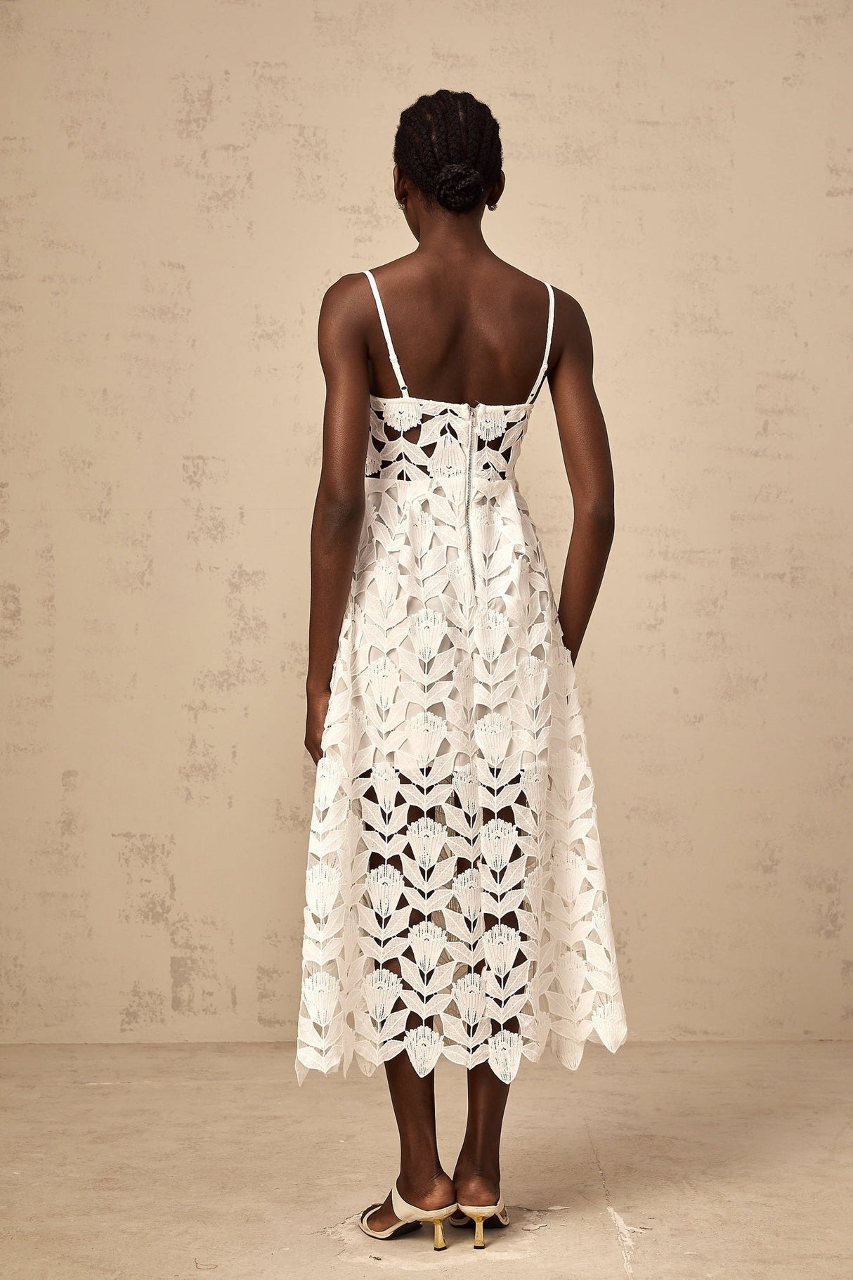 Lana Midi Dress White Lace Bustier Spaghetti Straps Cutout Detail
