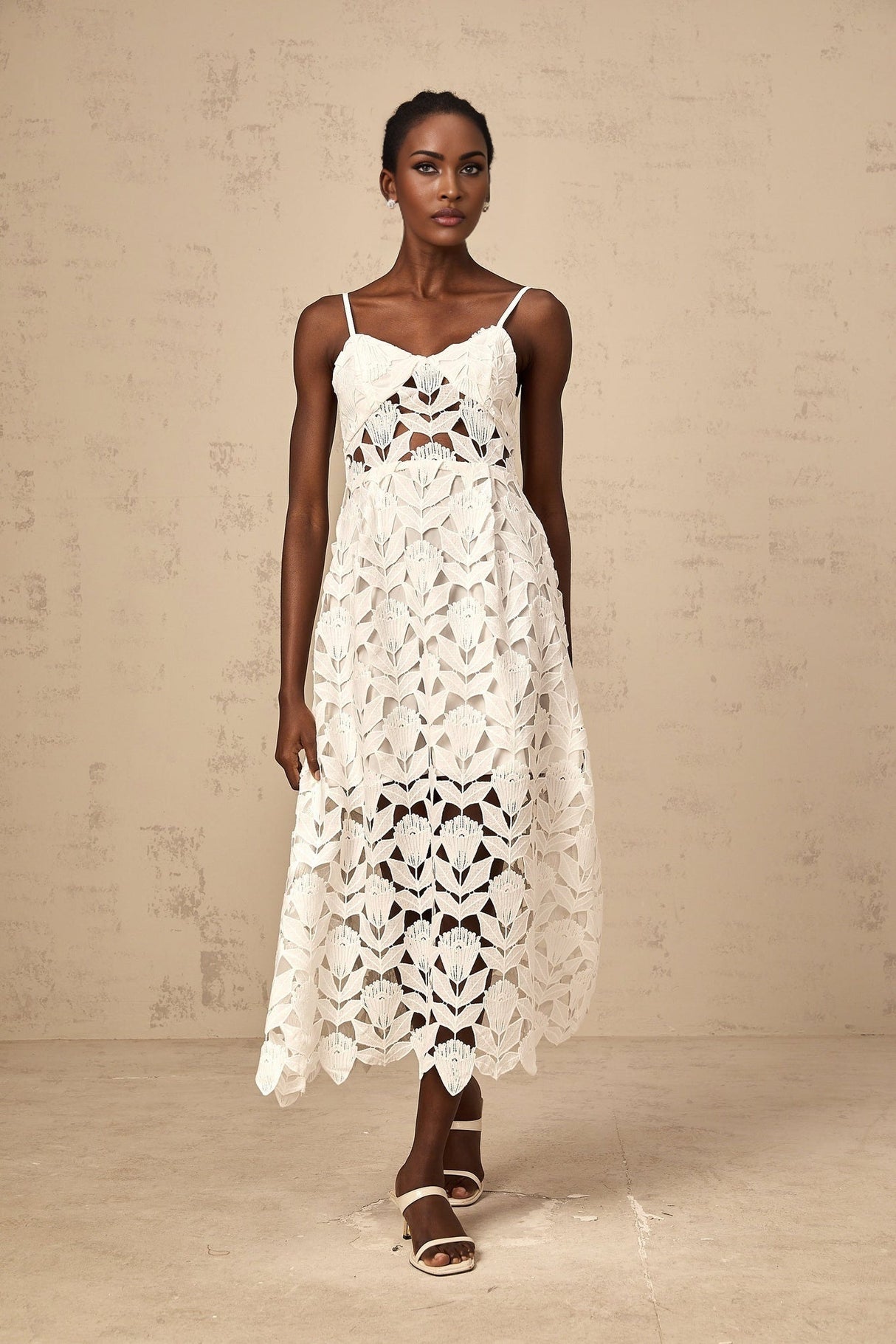 Lana Midi Dress White Lace Bustier Spaghetti Straps Cutout Detail