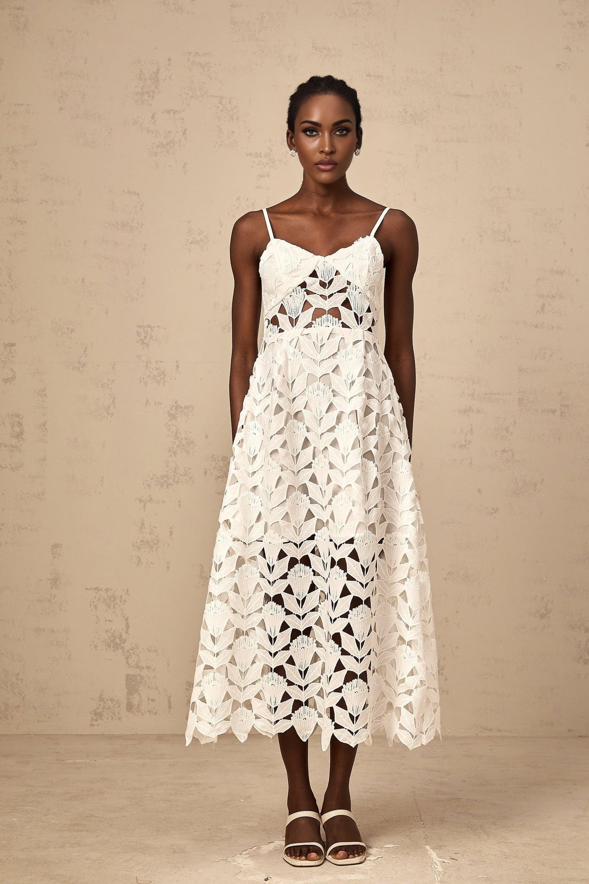 Lana Midi Dress White Lace Bustier Spaghetti Straps Cutout Detail