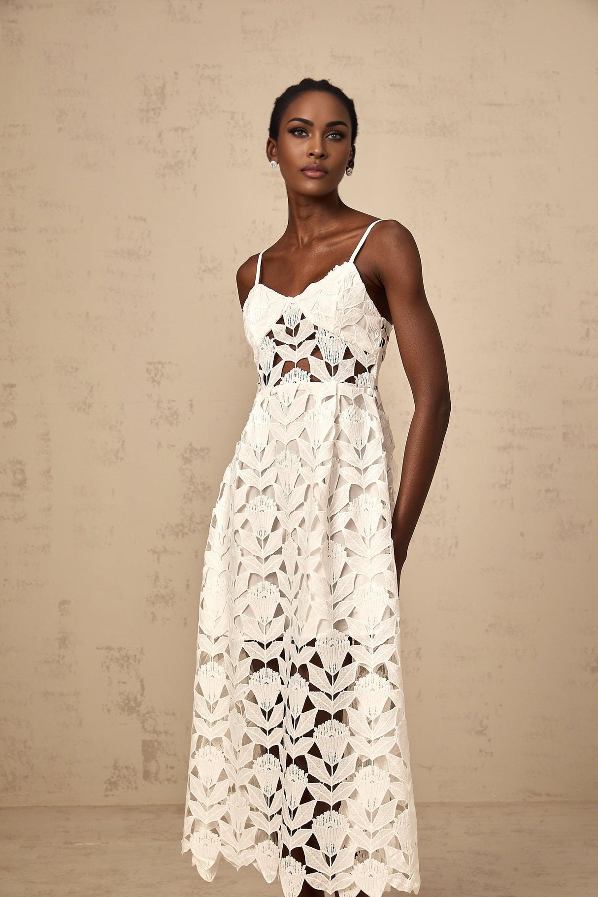 Lana Midi Dress White Lace Bustier Spaghetti Straps Cutout Detail
