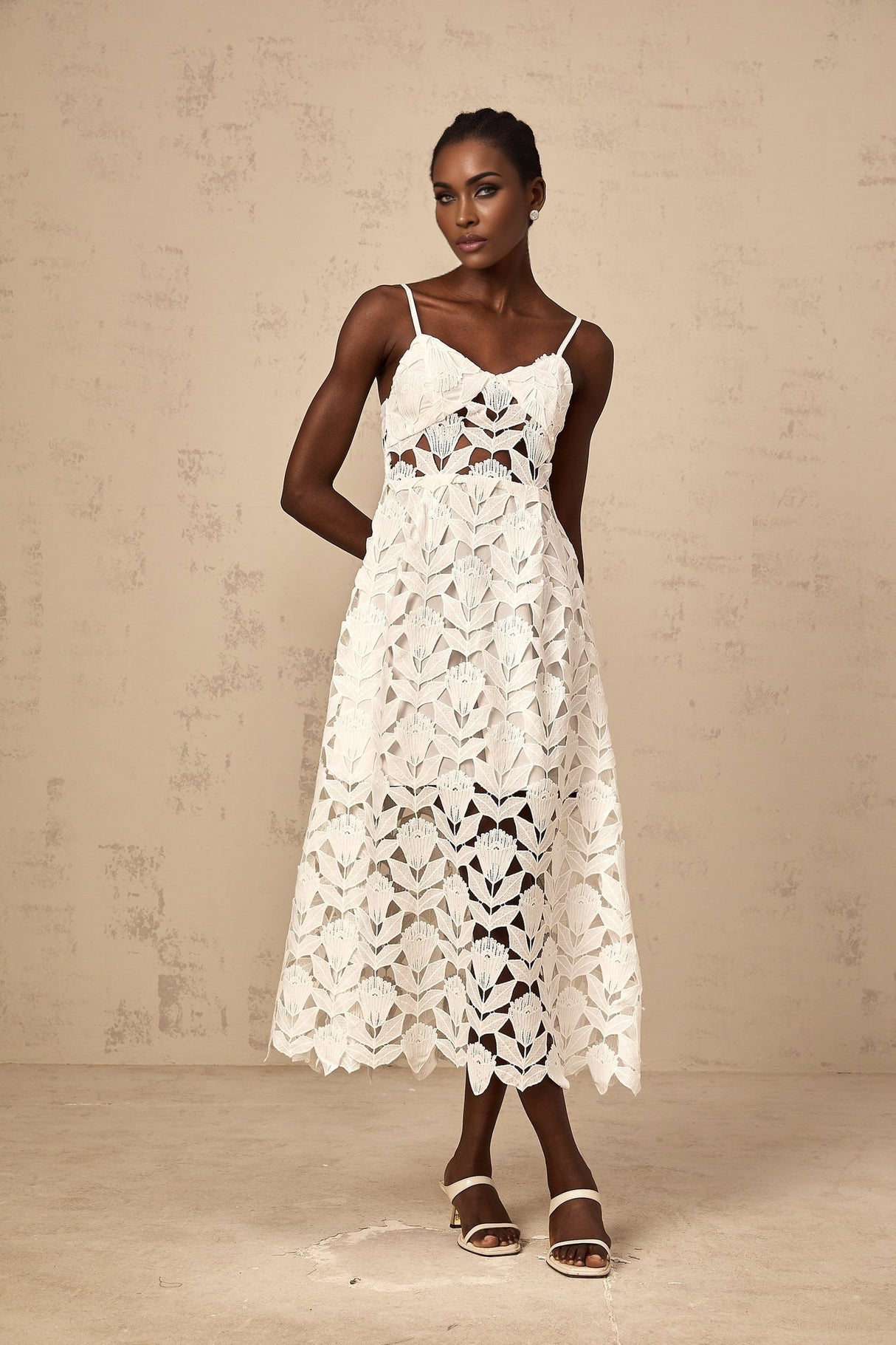 Lana Midi Dress White Lace Bustier Spaghetti Straps Cutout Detail