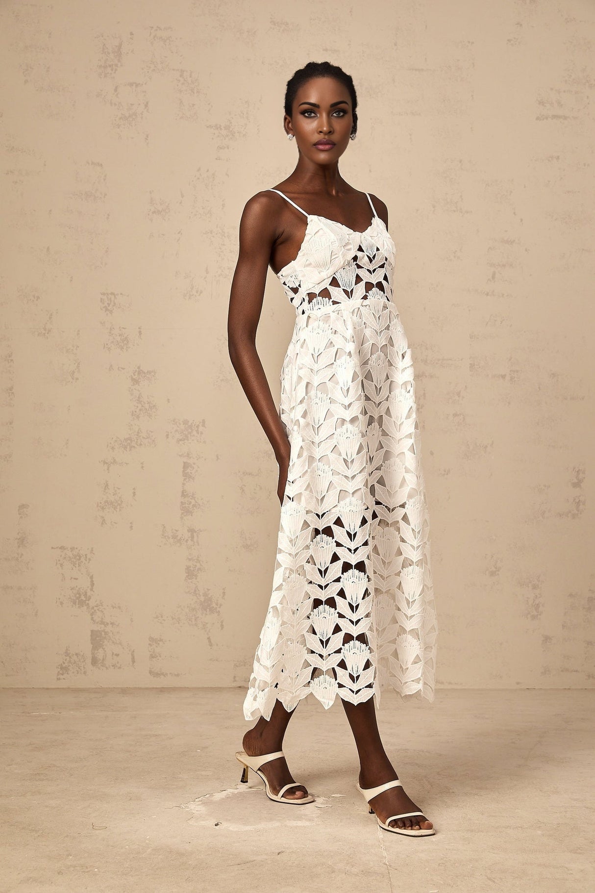 Lana Midi Dress White Lace Bustier Spaghetti Straps Cutout Detail