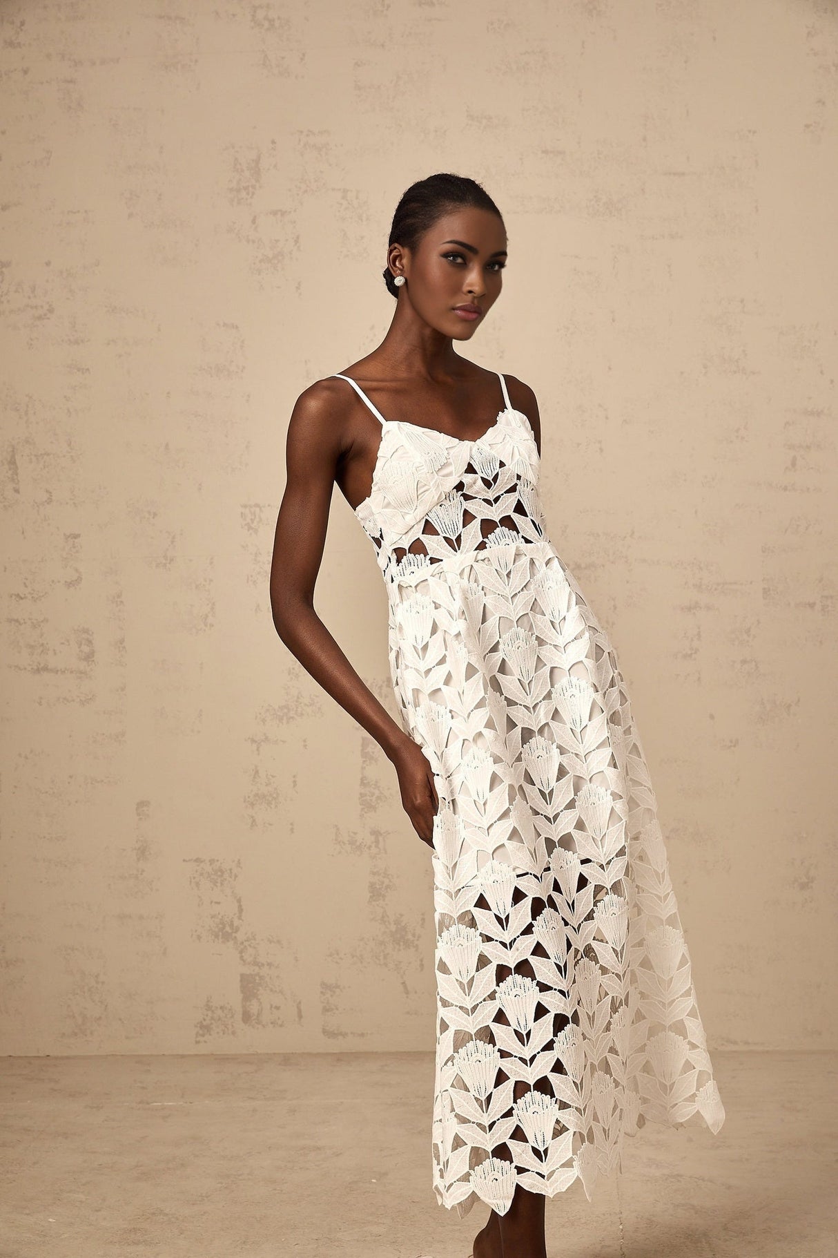 Lana Midi Dress White Lace Bustier Spaghetti Straps Cutout Detail