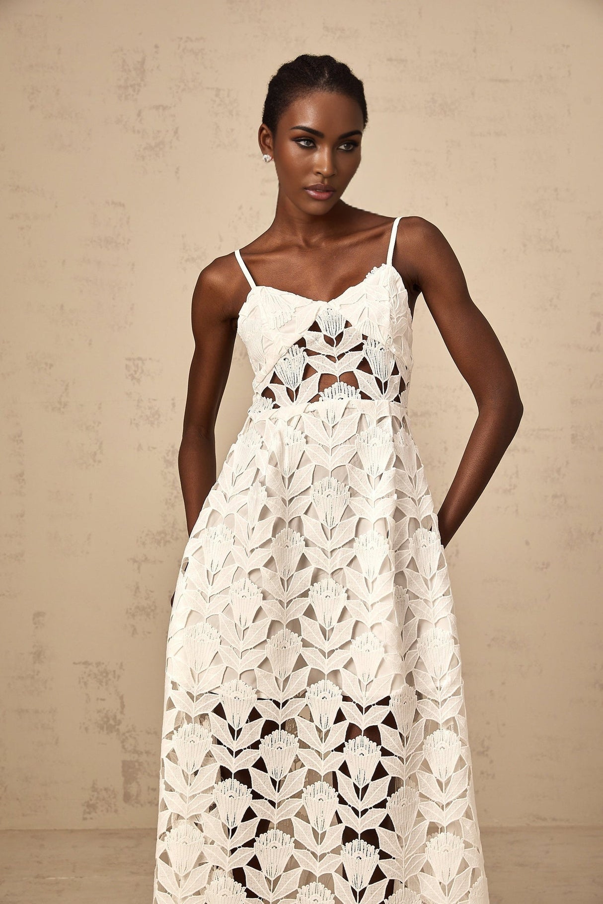 Lana Midi Dress White Lace Bustier Spaghetti Straps Cutout Detail