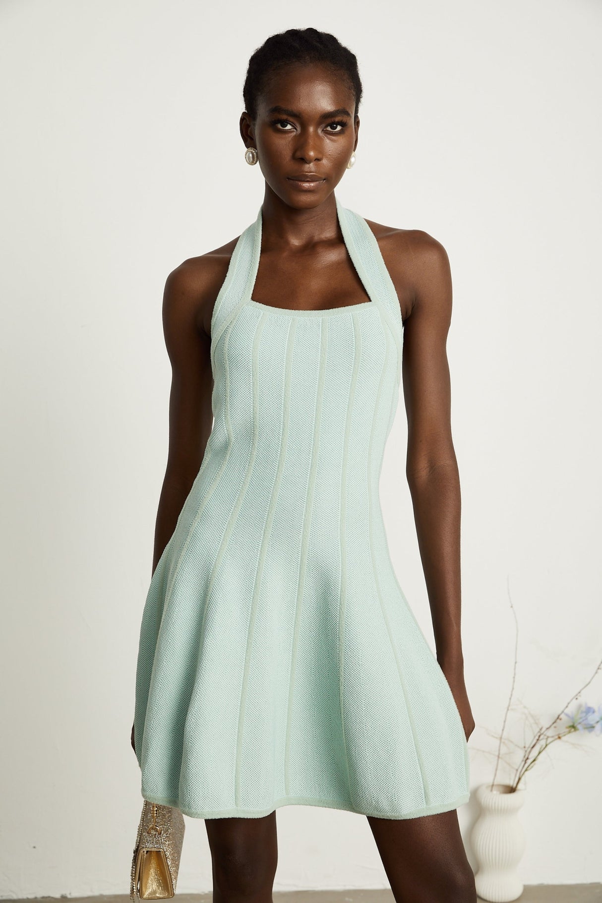 Lana Mini Dress Light Green Halter Flare Knit