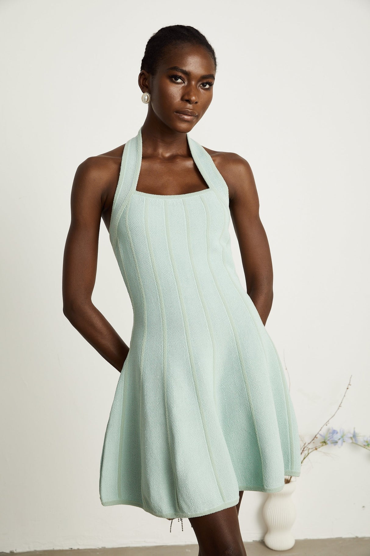 Lana Mini Dress Light Green Halter Flare Knit