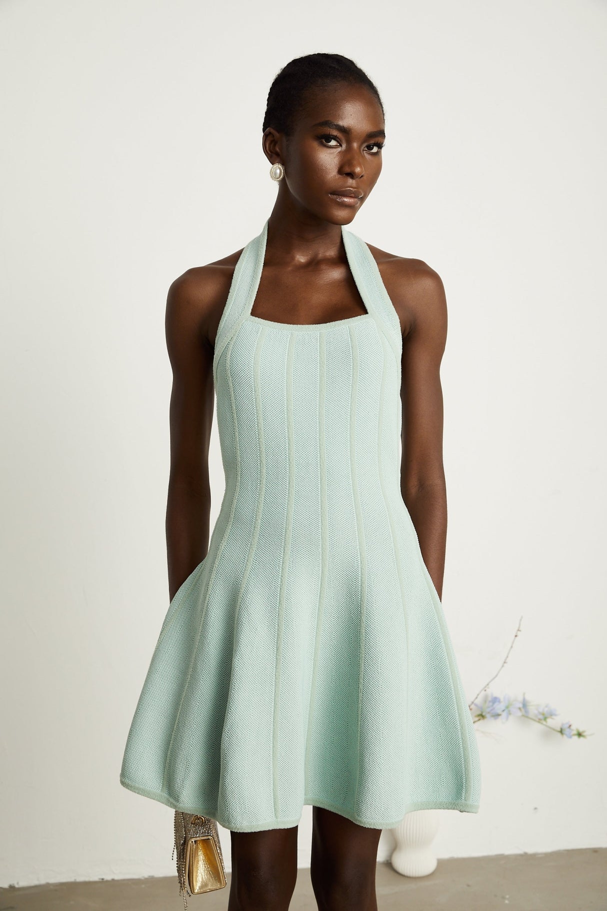 Lana Mini Dress Light Green Halter Flare Knit