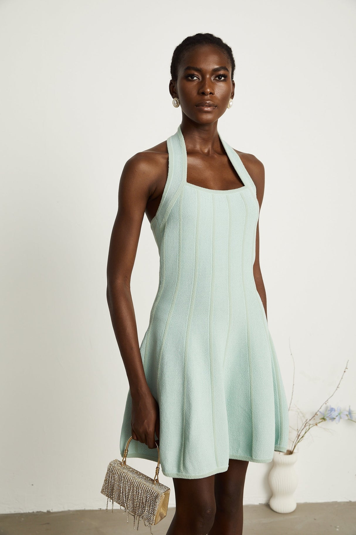 Lana Mini Dress Light Green Halter Flare Knit