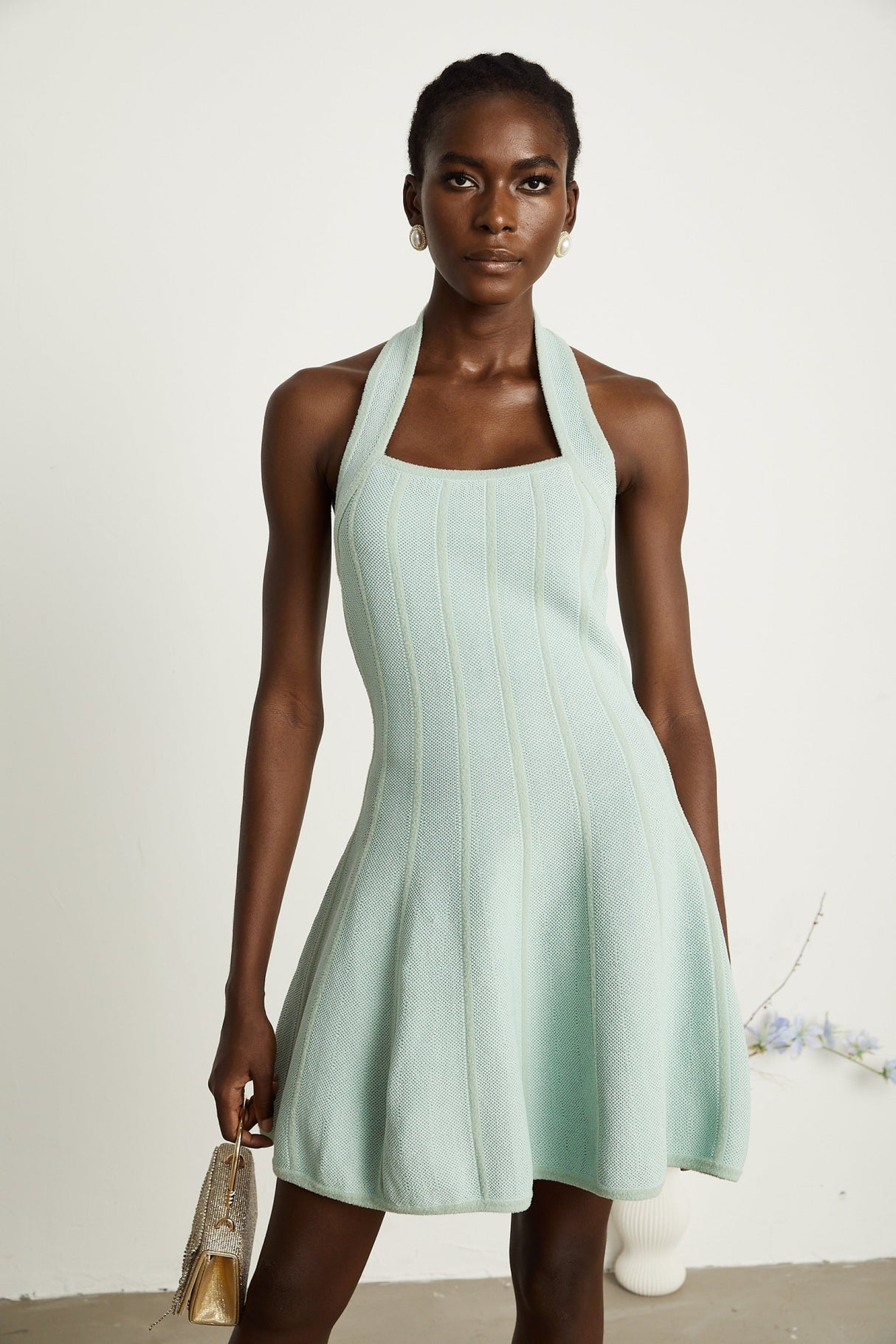 Lana Mini Dress Light Green Halter Flare Knit