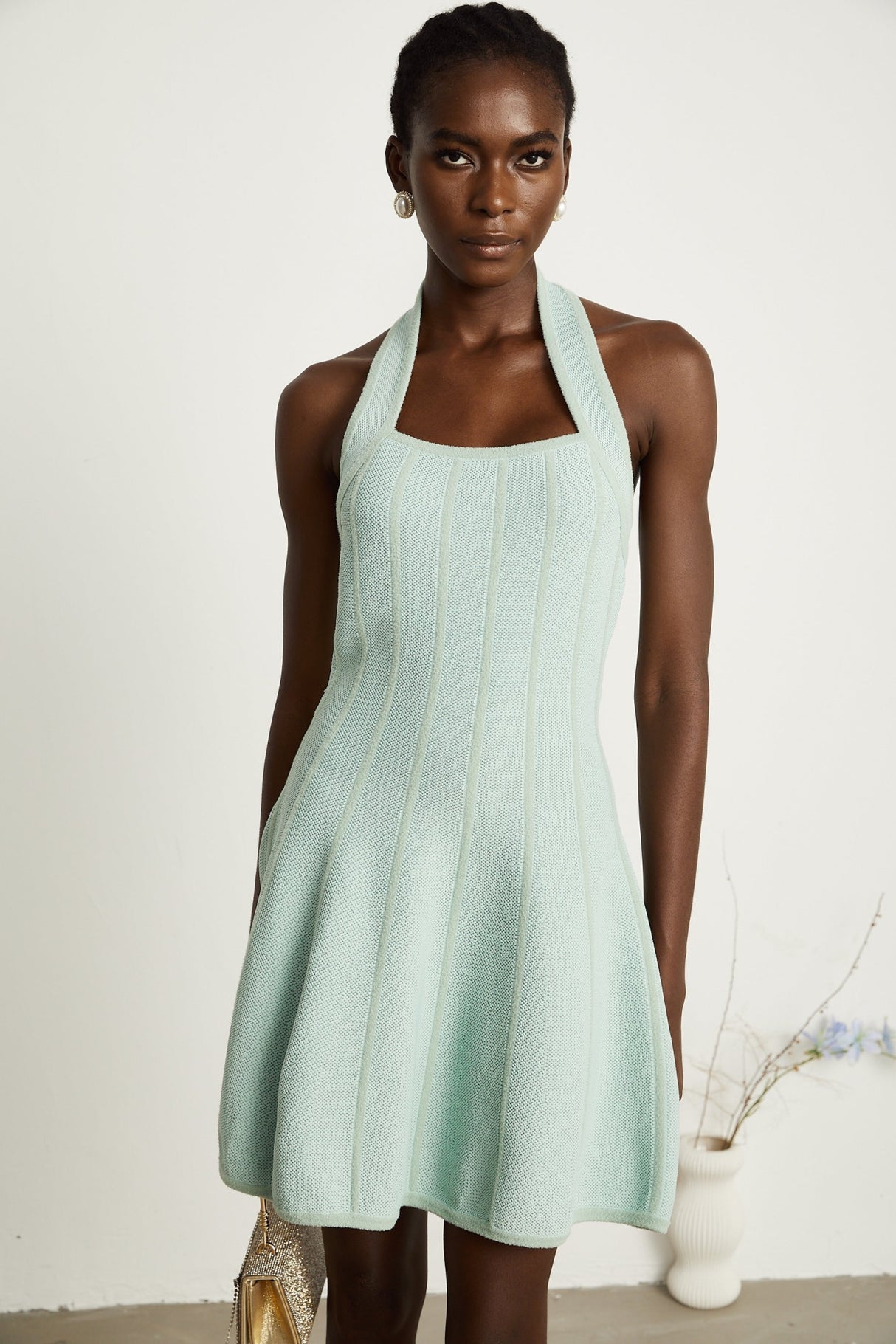 Lana Mini Dress Light Green Halter Flare Knit