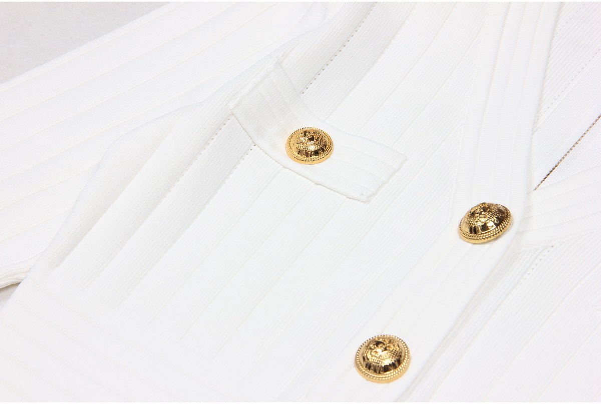 Lana Mini Dress - Tailored Fit - Blazer - Inspired Silhouette - Sculpting Bandage Fabric - Deep V - Neckline - Gold - Tone Buttons