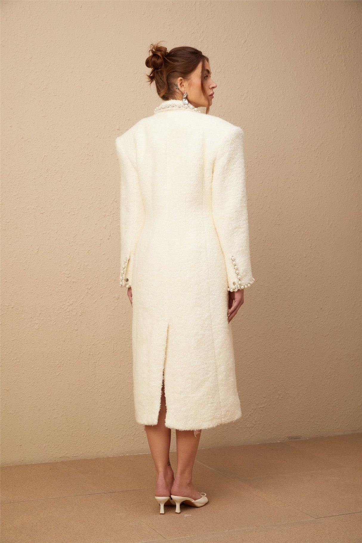 Landry Coat White Tweed Faux Pearl Embellished Wool