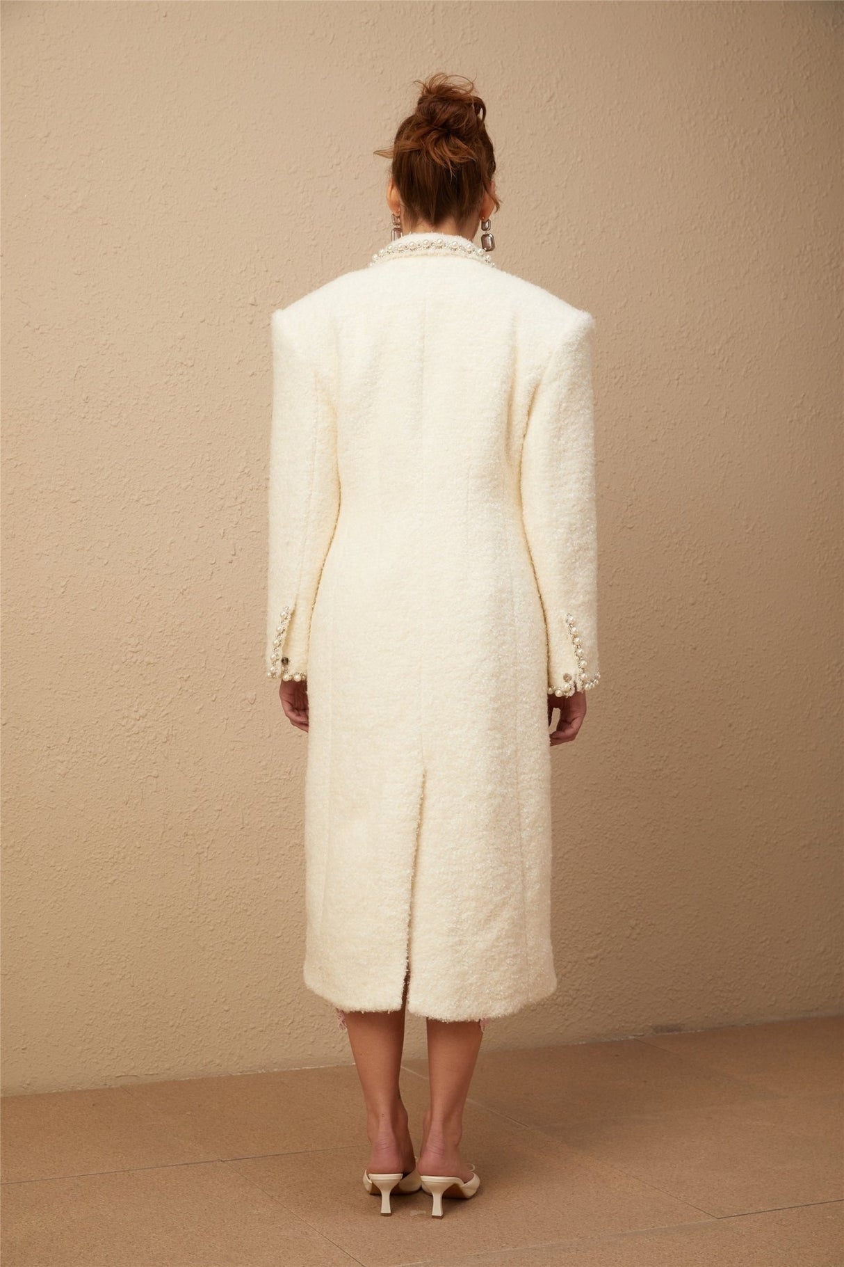 Landry Coat White Tweed Faux Pearl Embellished Wool