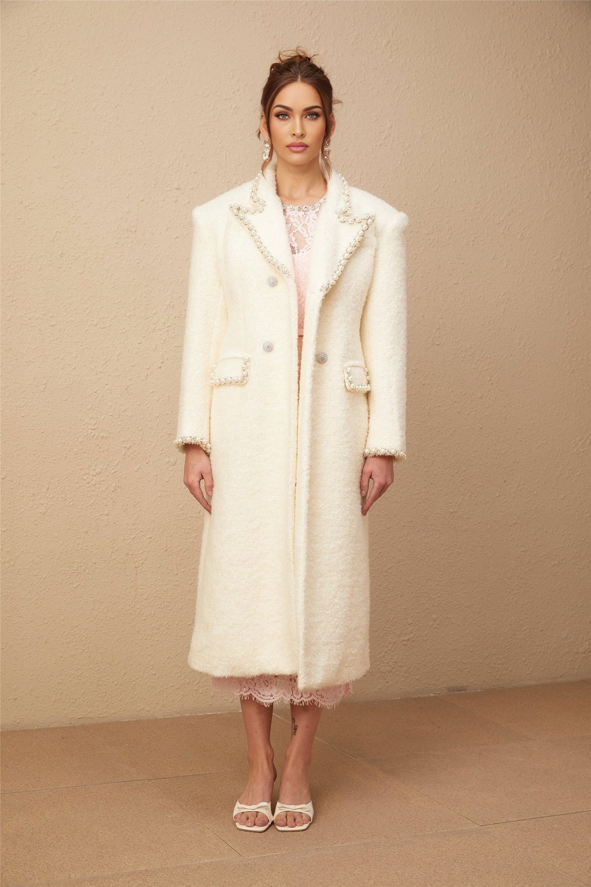 Landry Coat White Tweed Faux Pearl Embellished Wool