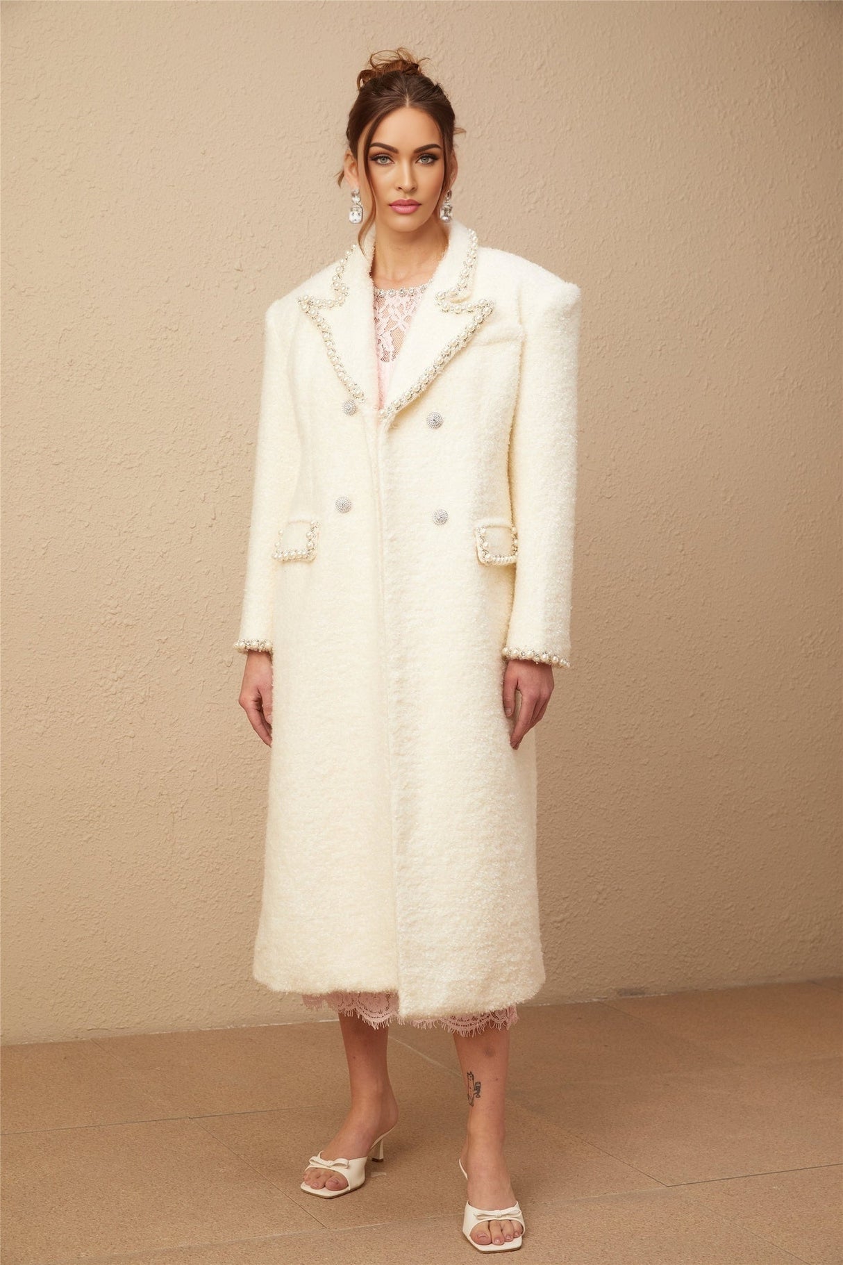 Landry Coat White Tweed Faux Pearl Embellished Wool