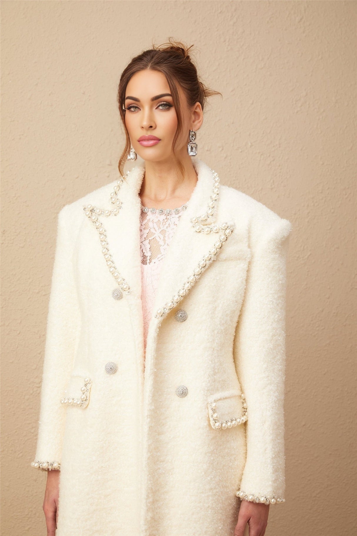 Landry Coat White Tweed Faux Pearl Embellished Wool