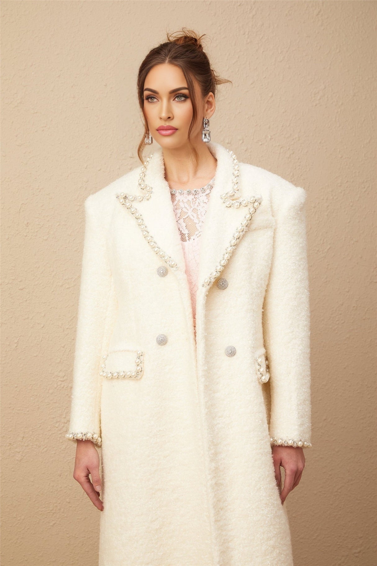 Landry Coat White Tweed Faux Pearl Embellished Wool