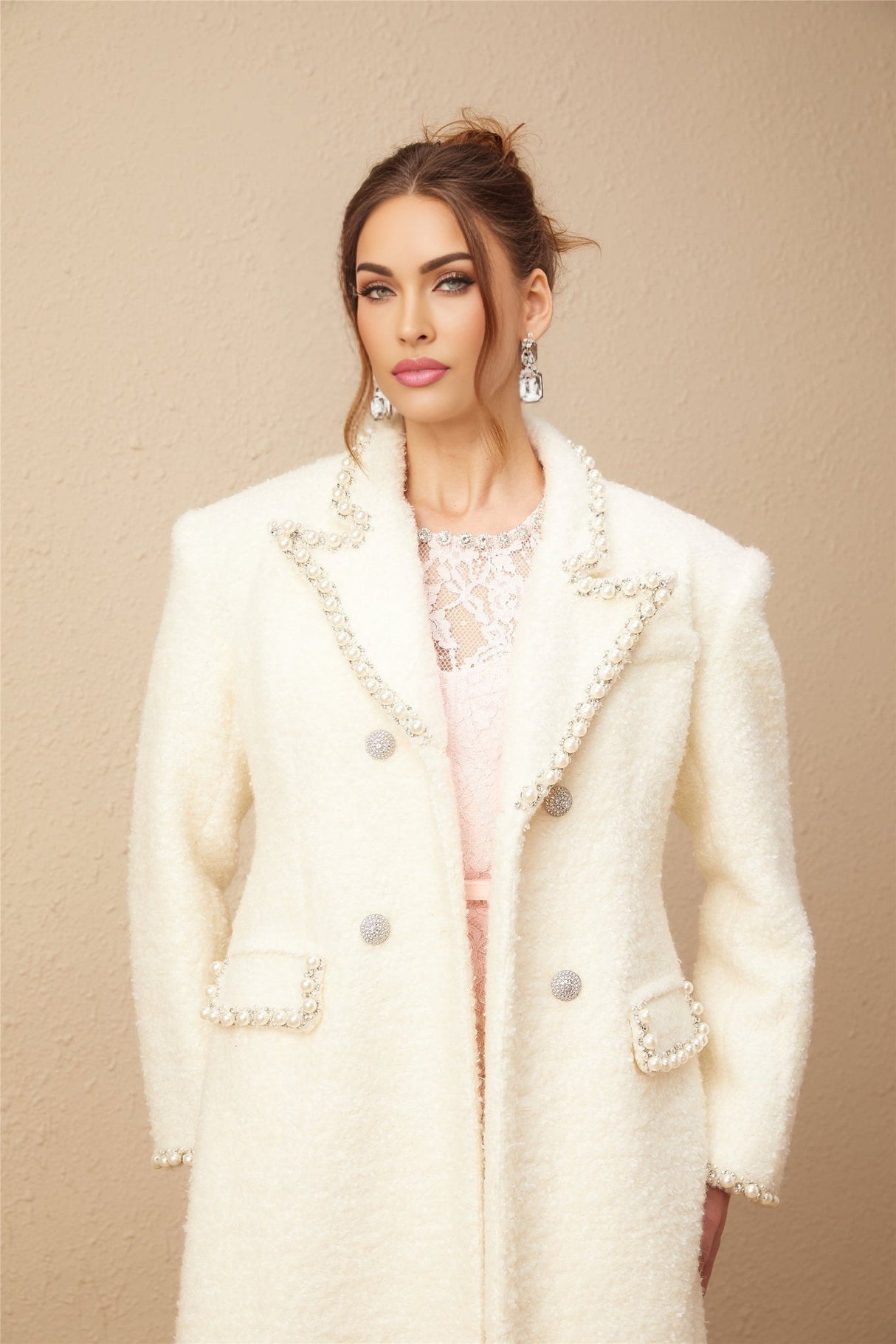 Landry Coat White Tweed Faux Pearl Embellished Wool