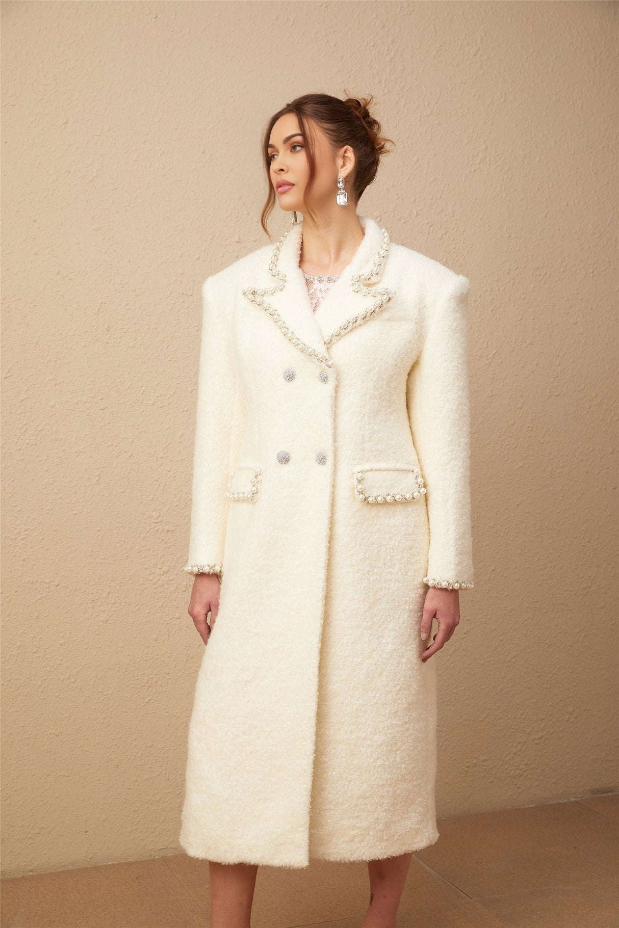 Landry Coat White Tweed Faux Pearl Embellished Wool