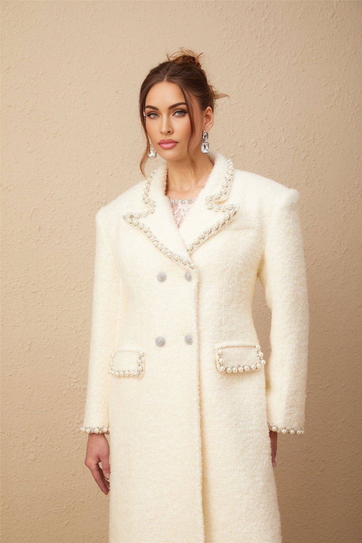 Landry Coat White Tweed Faux Pearl Embellished Wool
