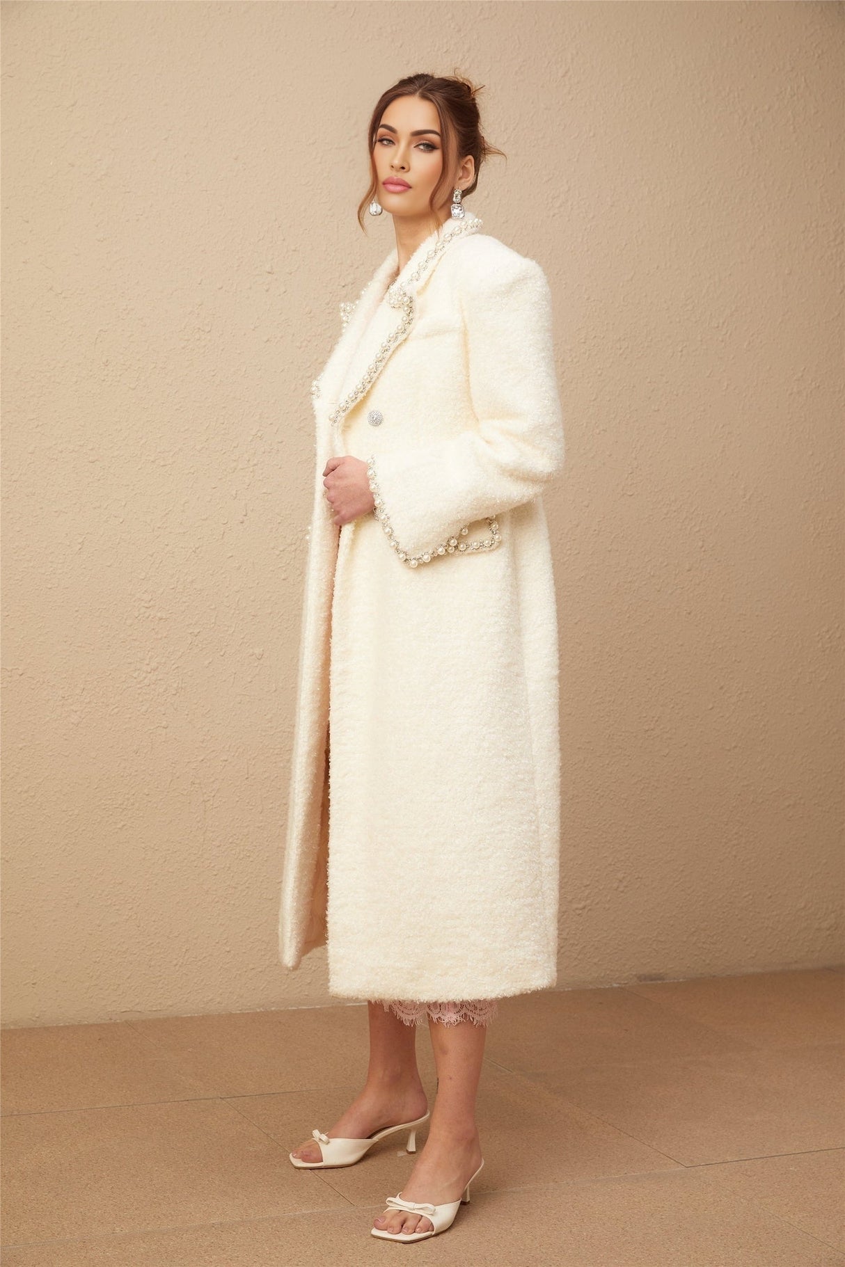 Landry Coat White Tweed Faux Pearl Embellished Wool