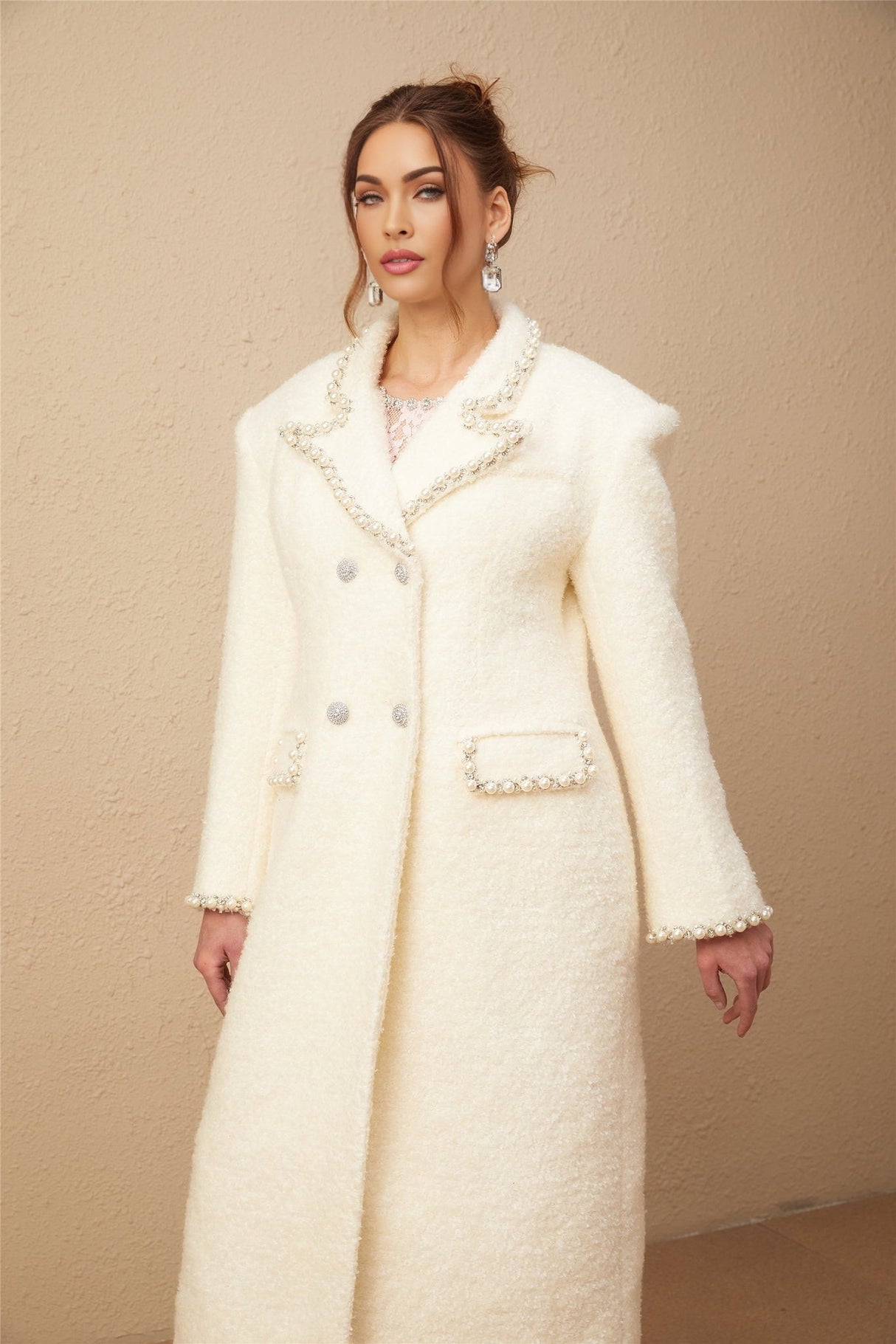 Landry Coat White Tweed Faux Pearl Embellished Wool