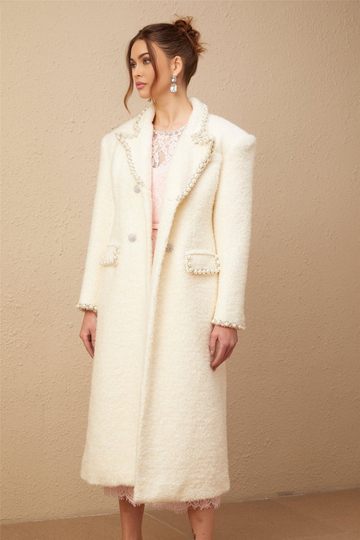 Landry Coat White Tweed Faux Pearl Embellished Wool