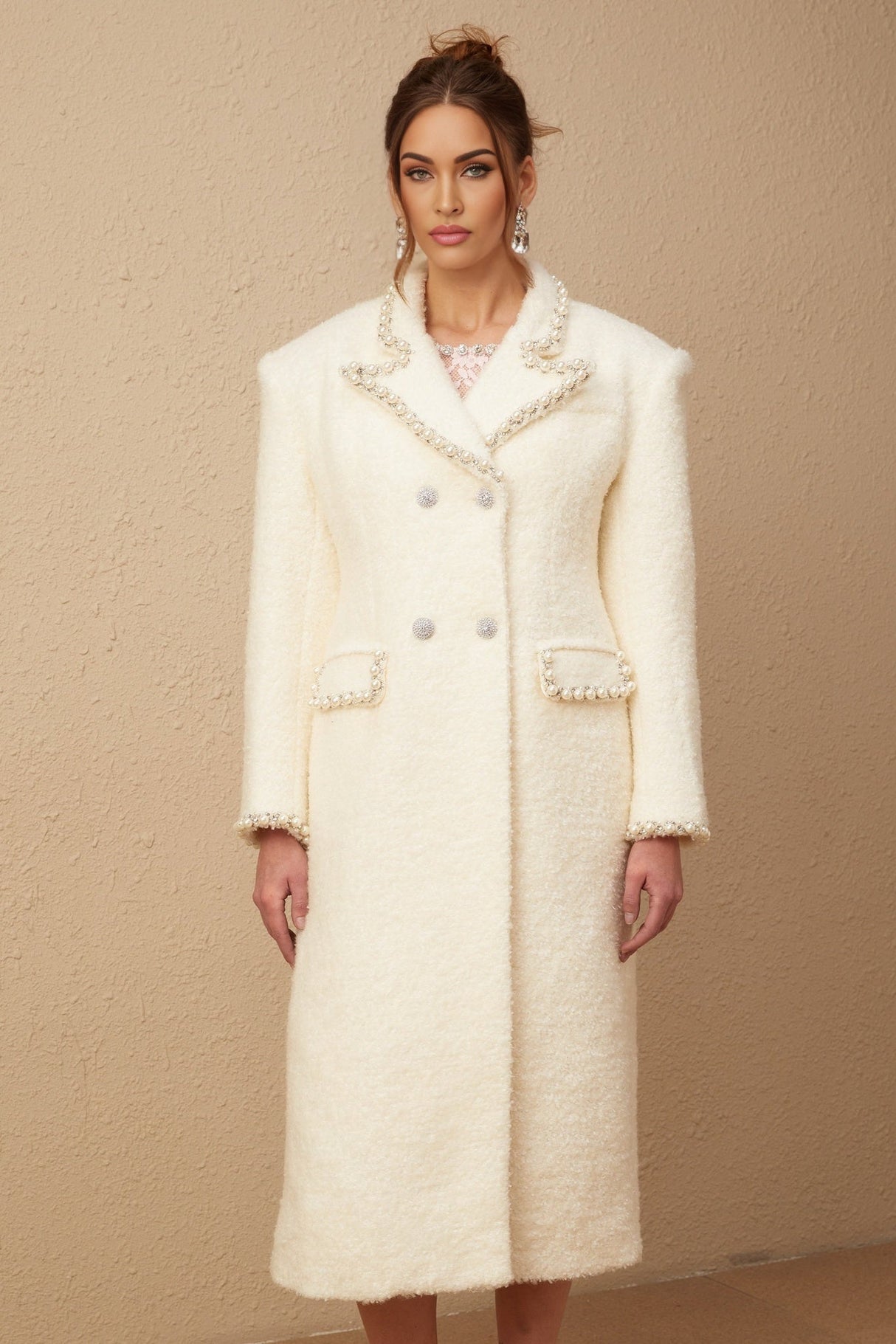 Landry Coat White Tweed Faux Pearl Embellished Wool
