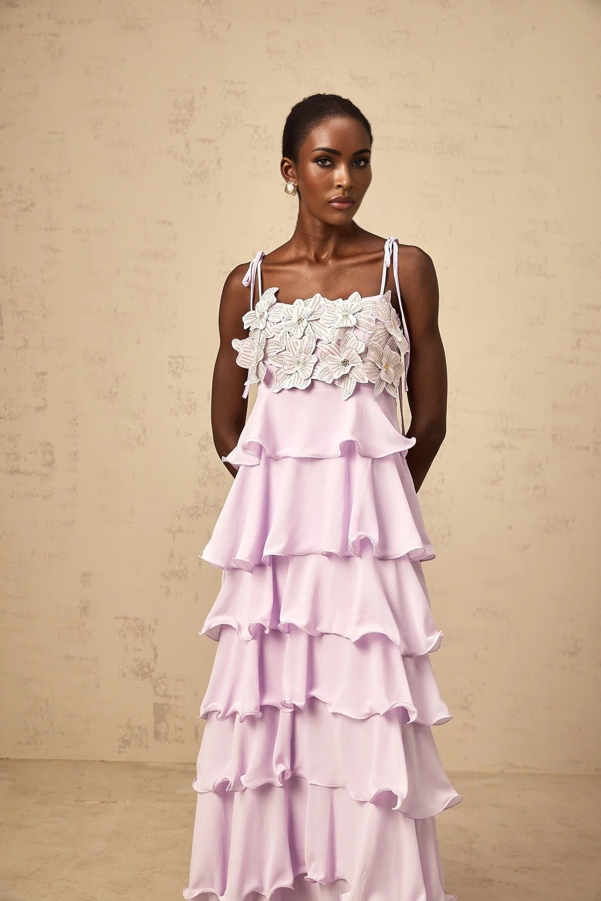 Landry Maxi Dress Purple Sequined 3D - Petal Tiered & Ruffled