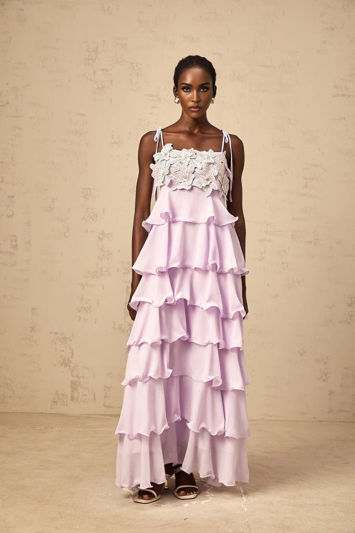 Landry Maxi Dress Purple Sequined 3D - Petal Tiered & Ruffled