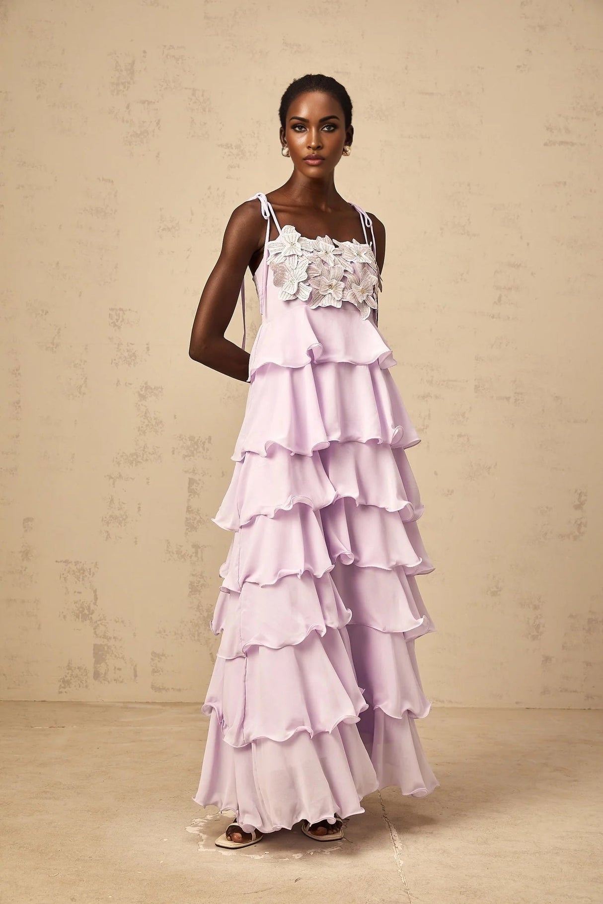 Landry Maxi Dress Purple Sequined 3D - Petal Tiered & Ruffled