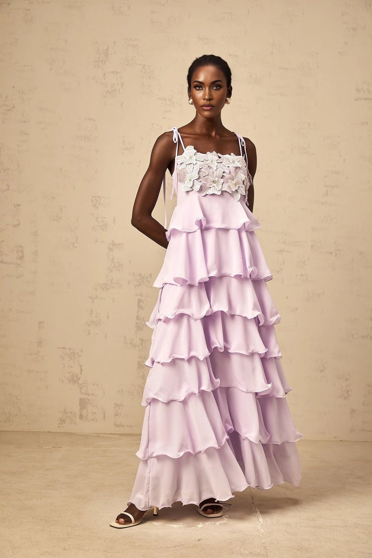 Landry Maxi Dress Purple Sequined 3D - Petal Tiered & Ruffled