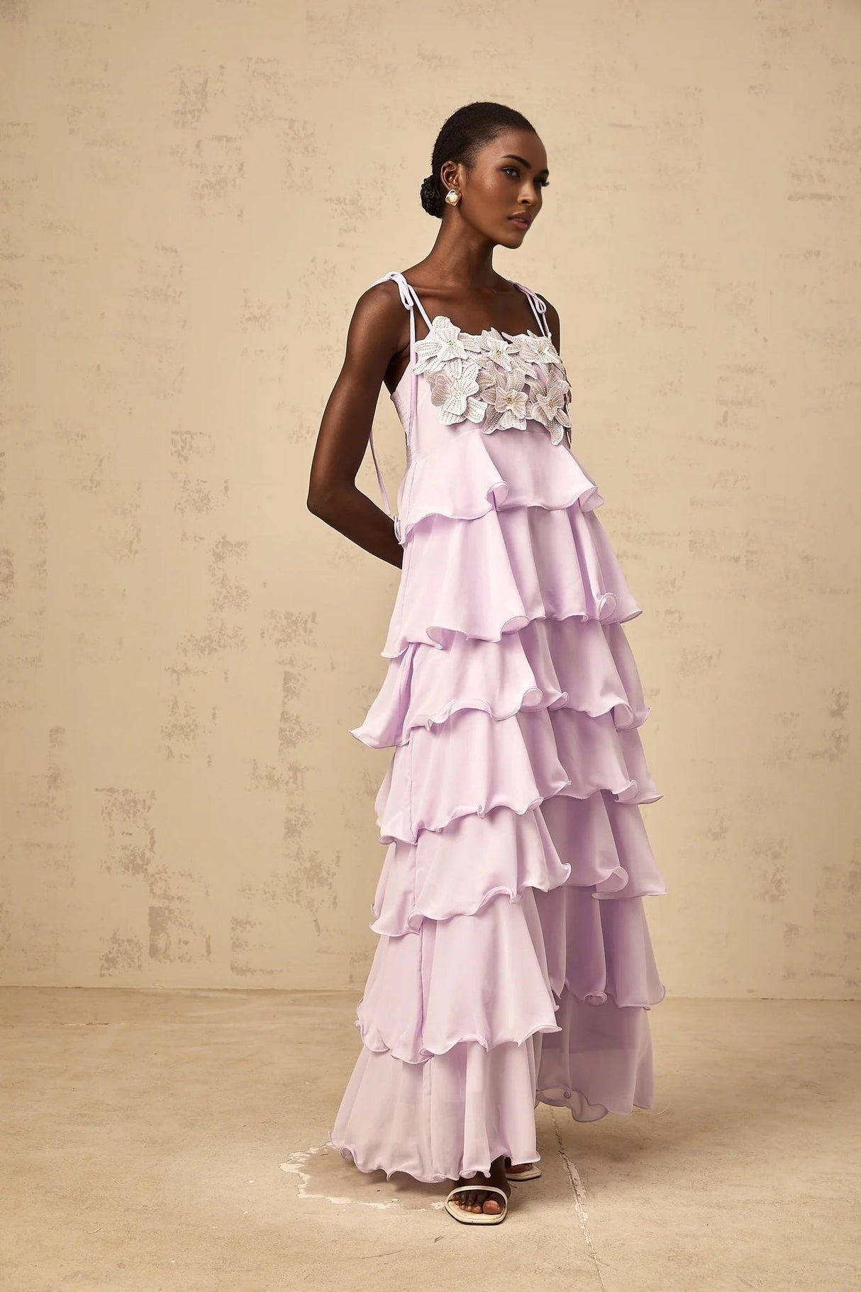 Landry Maxi Dress Purple Sequined 3D - Petal Tiered & Ruffled