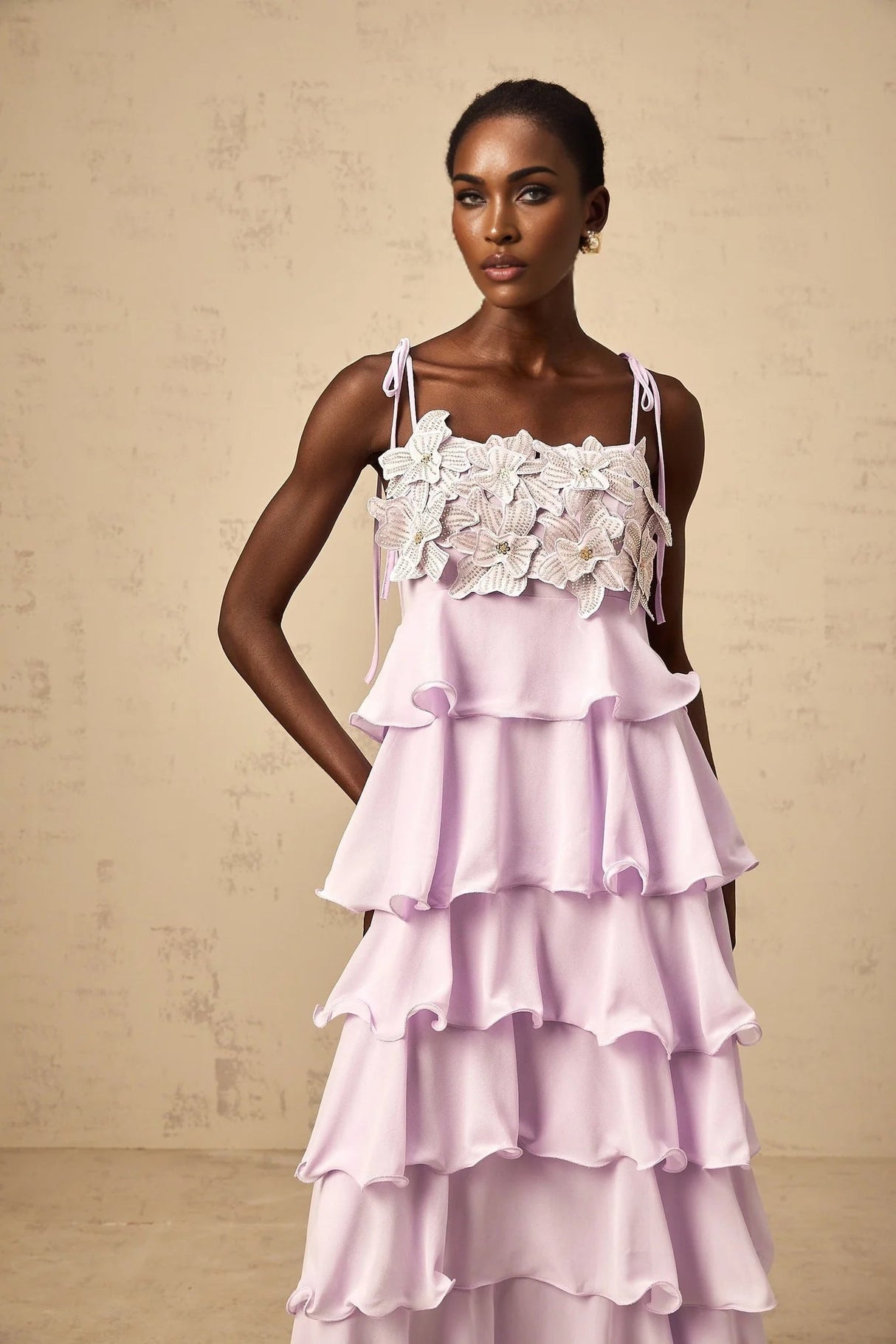 Landry Maxi Dress Purple Sequined 3D - Petal Tiered & Ruffled