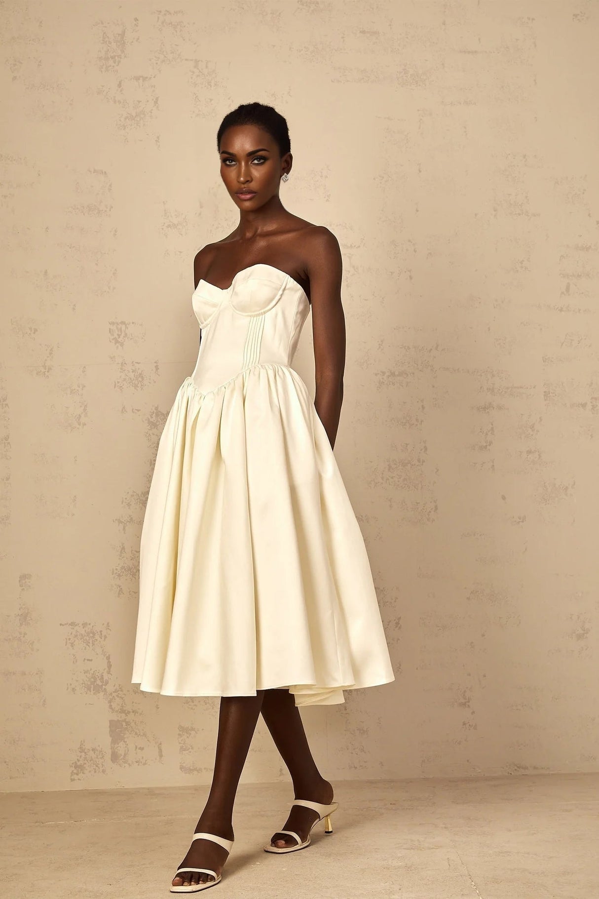 Landry Midi Dress Off - Shoulder Shirred White & Boned