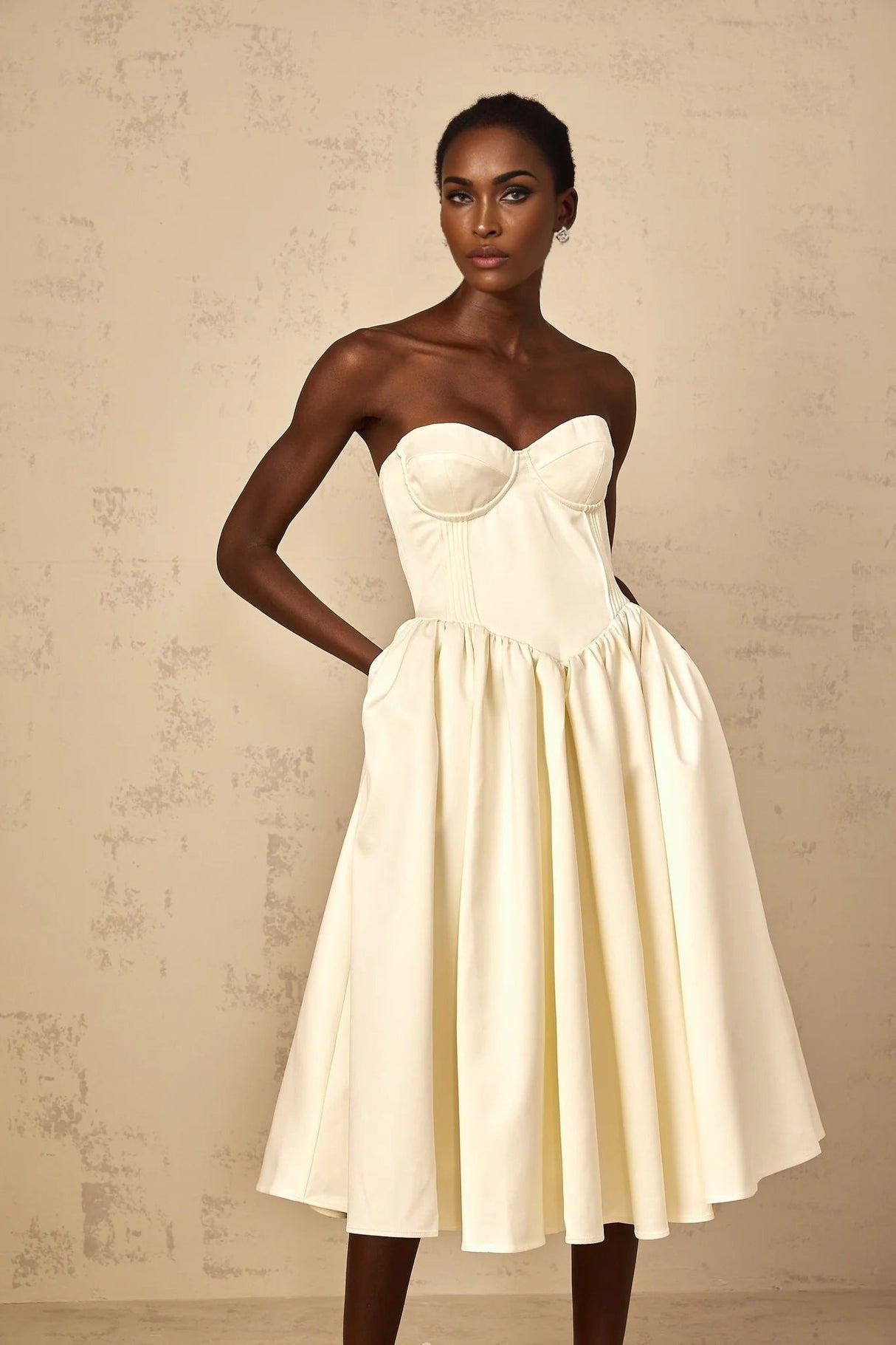 Landry Midi Dress Off - Shoulder Shirred White & Boned