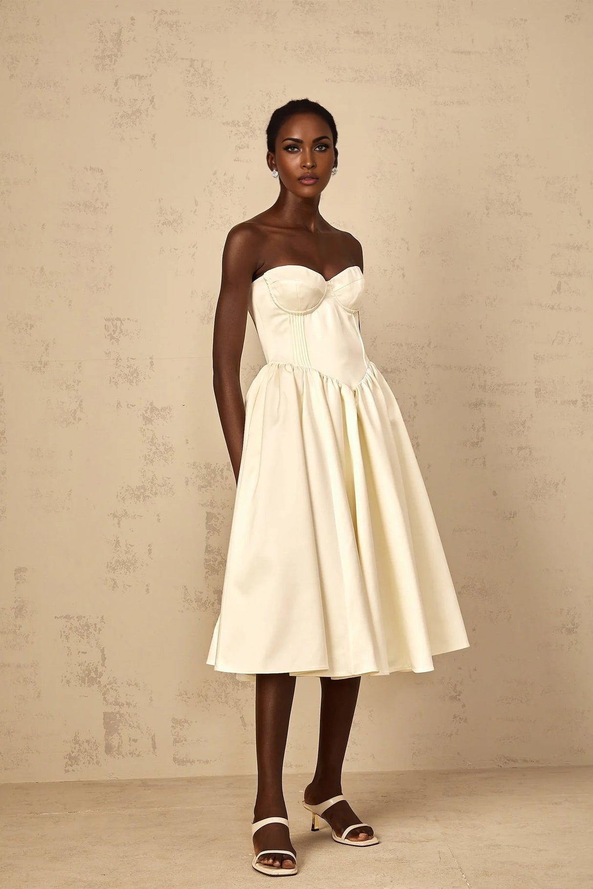 Landry Midi Dress Off - Shoulder Shirred White & Boned