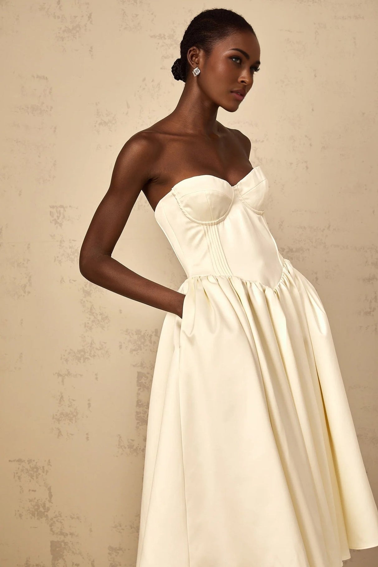 Landry Midi Dress Off - Shoulder Shirred White & Boned