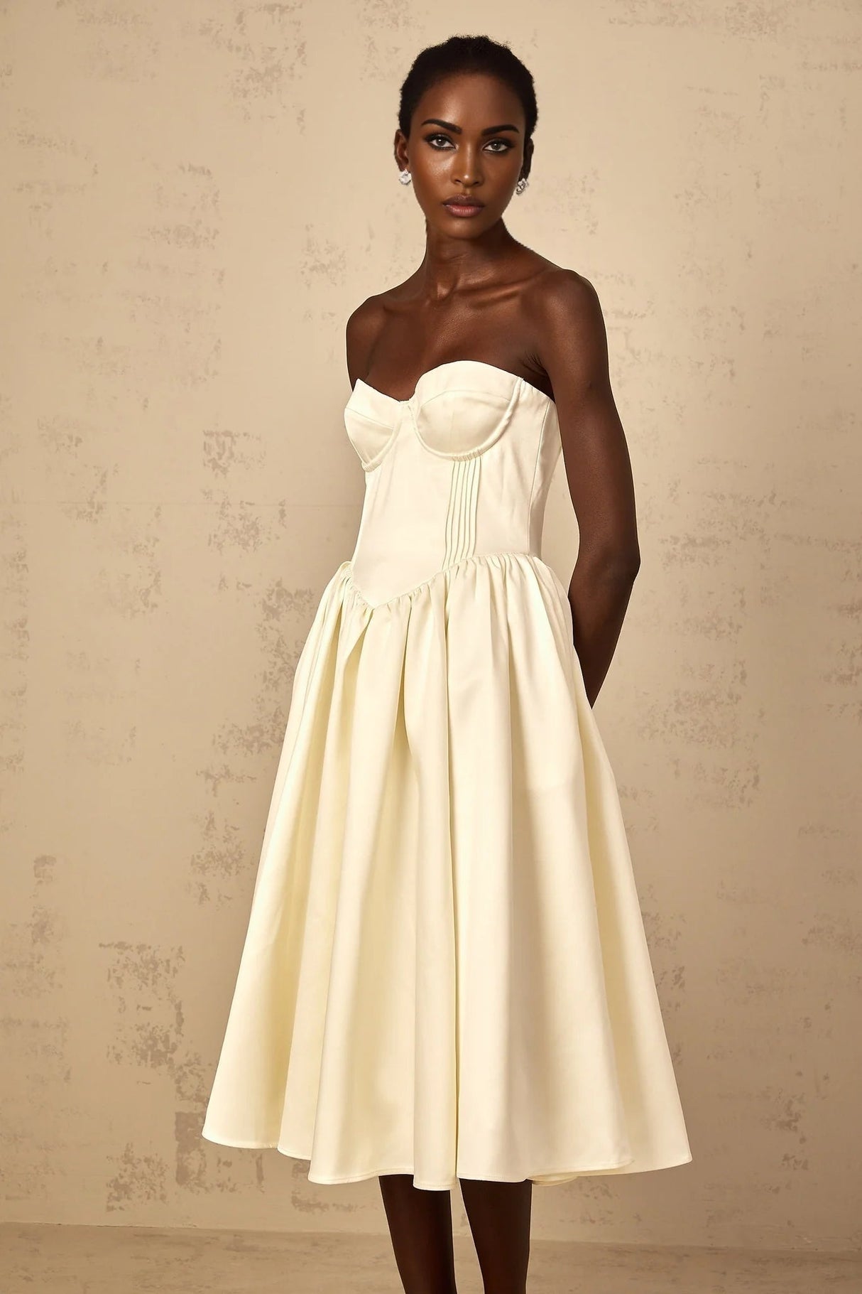 Landry Midi Dress Off - Shoulder Shirred White & Boned