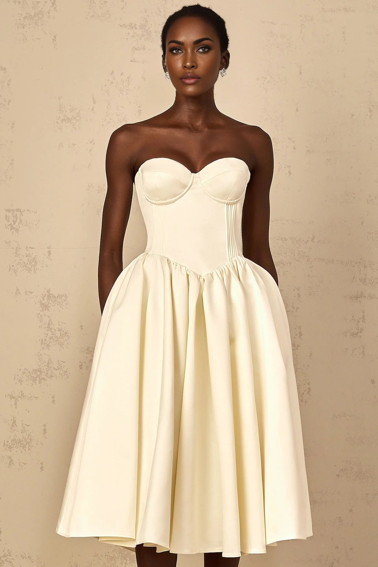 Landry Midi Dress Off - Shoulder Shirred White & Boned