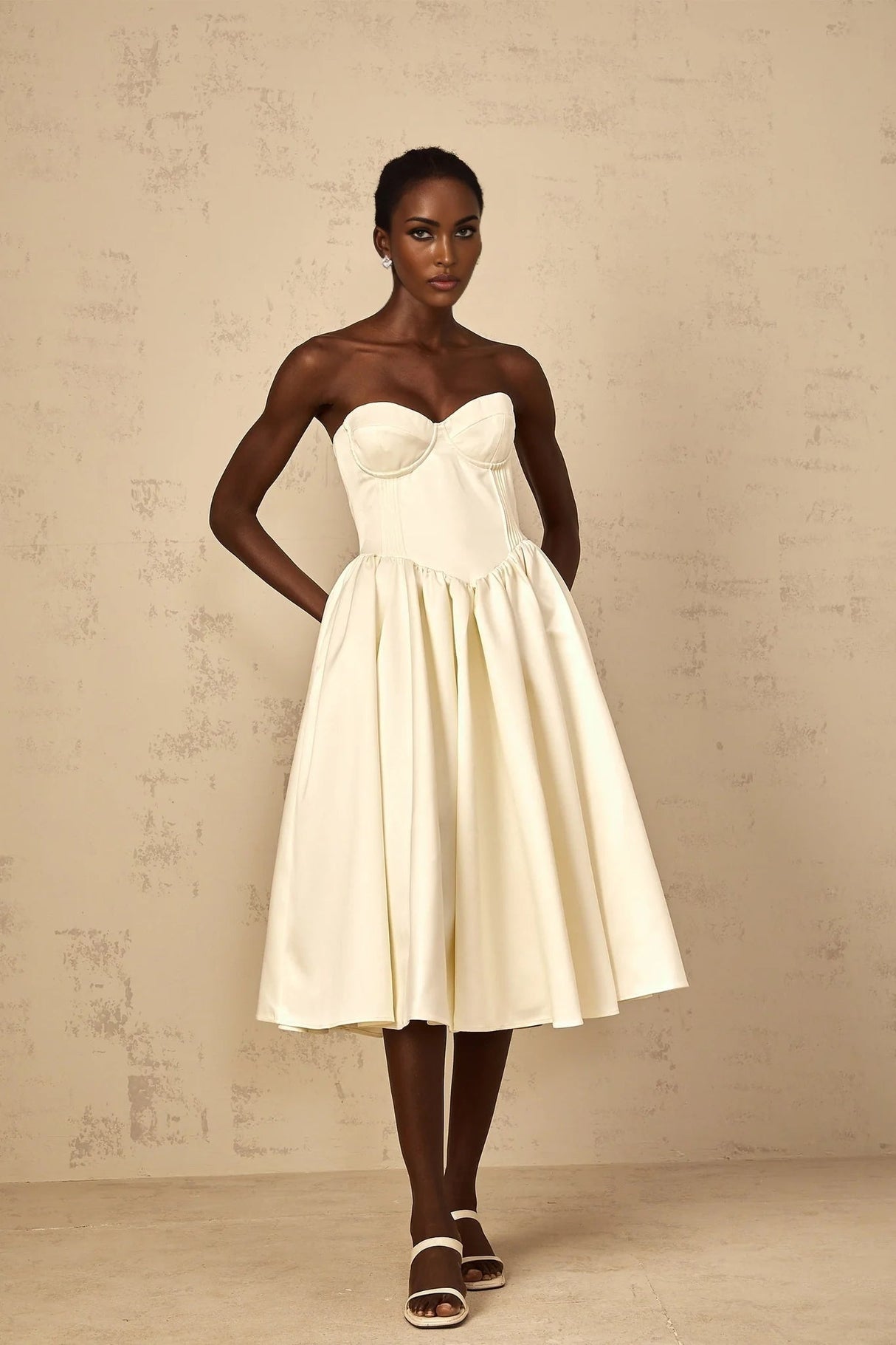 Landry Midi Dress Off - Shoulder Shirred White & Boned