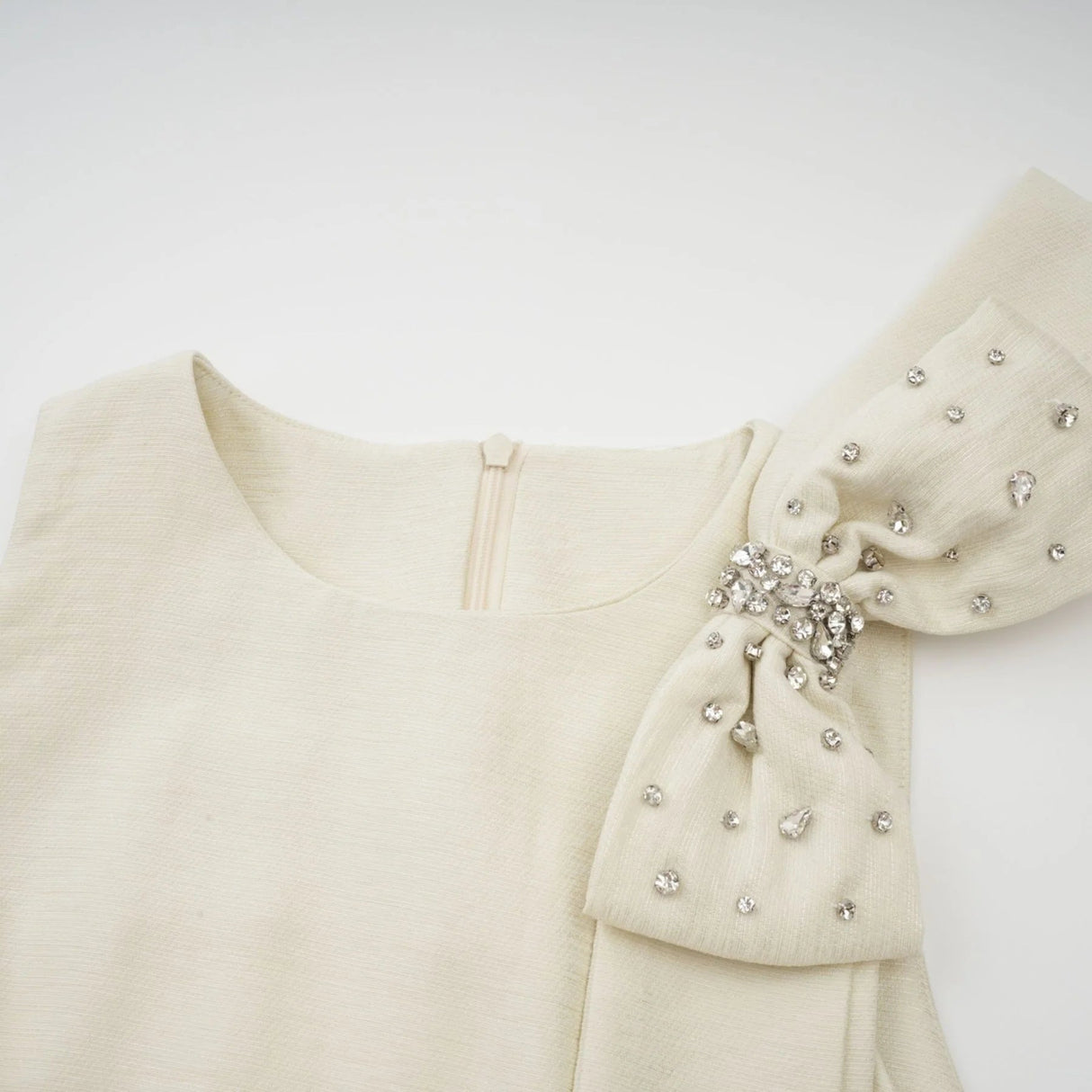 Landry Midi Dress White Tulle Bow Crystal Accent Zip Ankle - Length