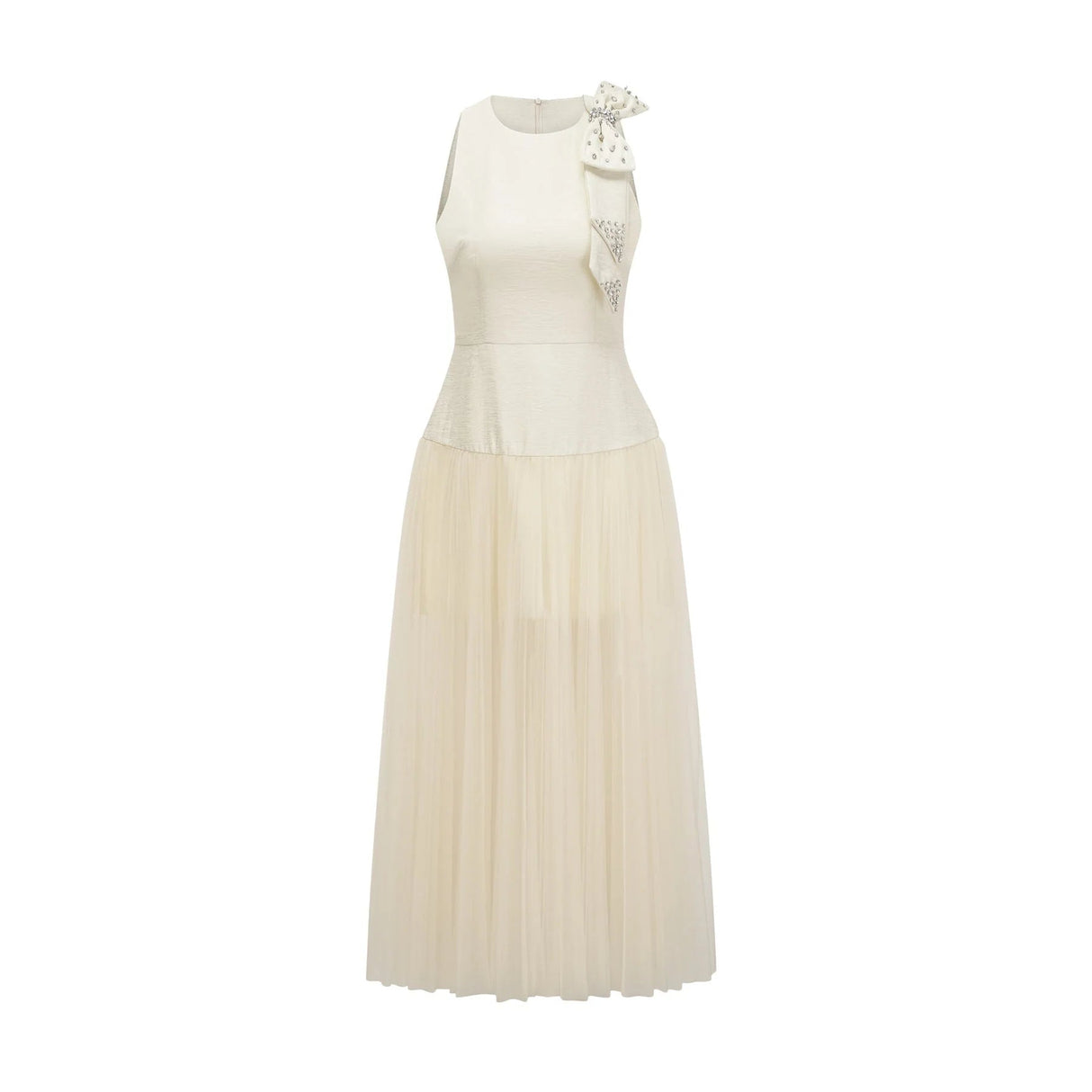 Landry Midi Dress White Tulle Bow Crystal Accent Zip Ankle - Length