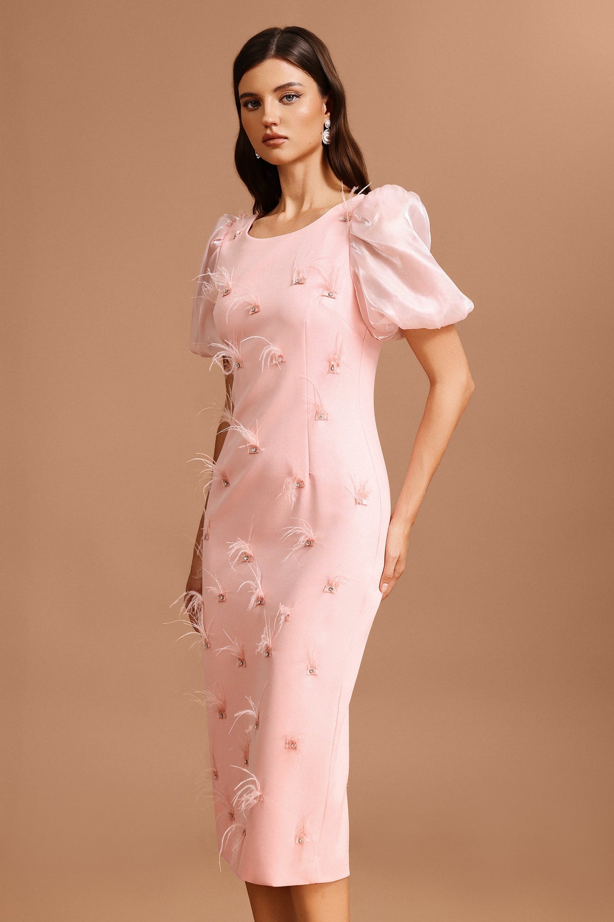 Landry Pink Midi Dress with Puff Sleeves and Feather Detailing