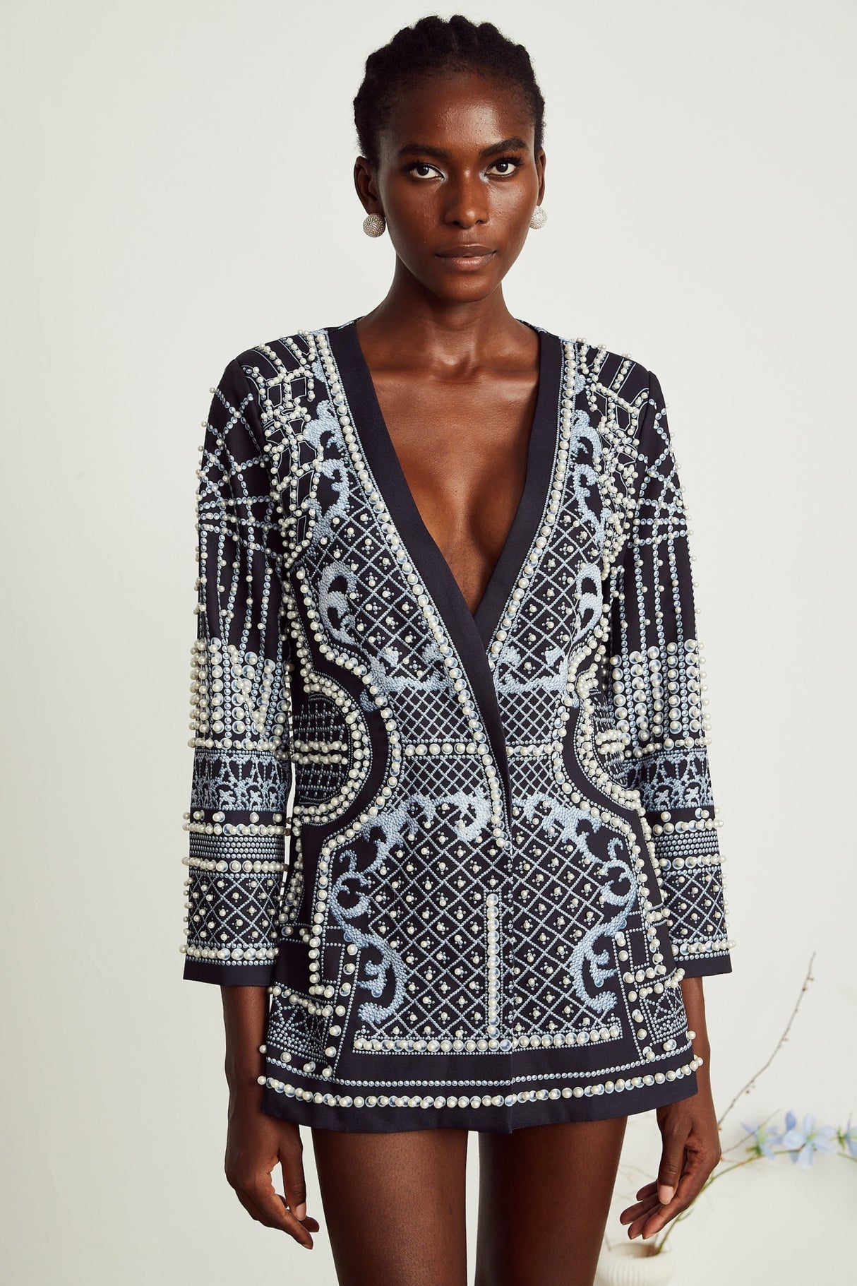 Laney Blazer Black & White Pattern VNeck Dress