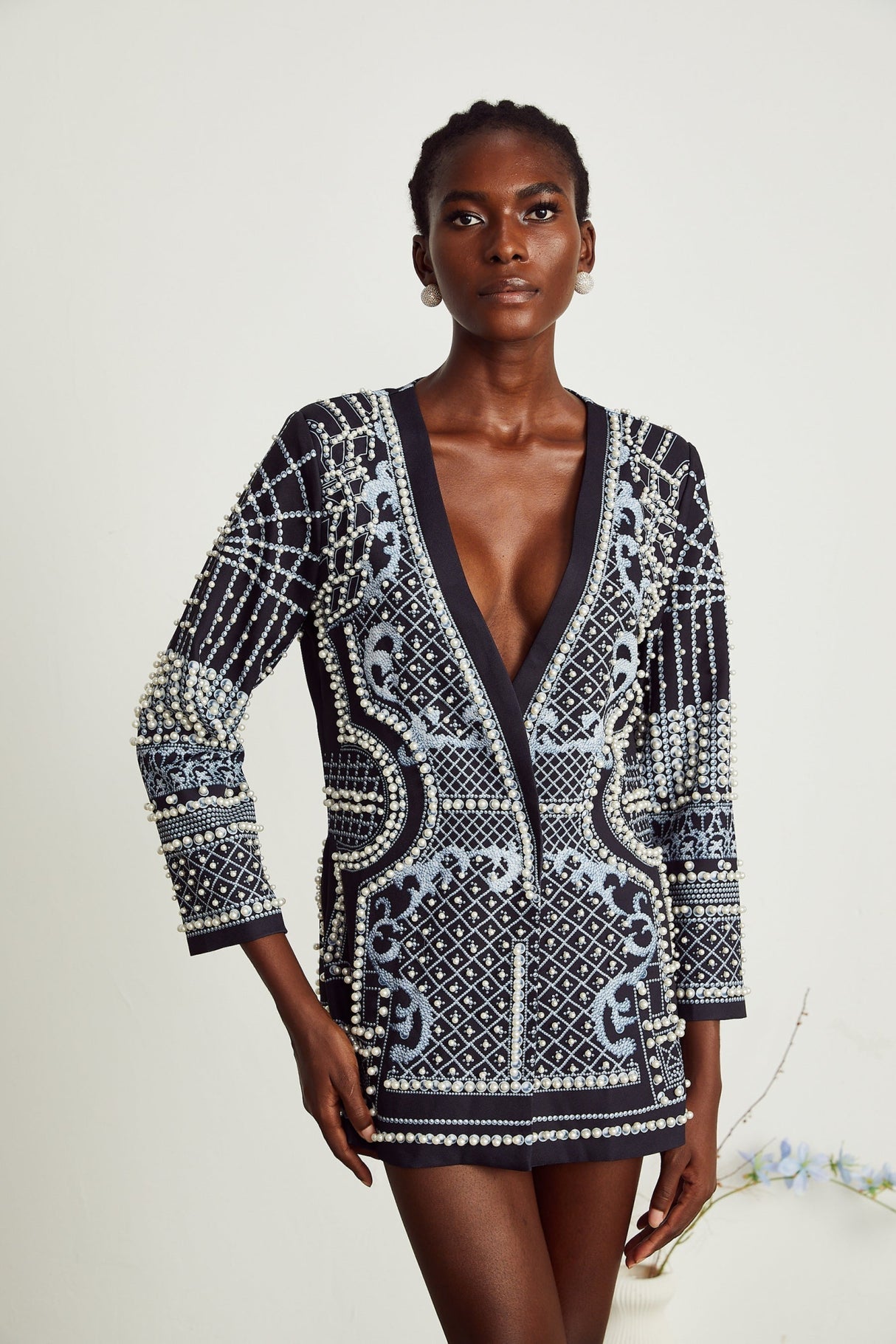 Laney Blazer Black & White Pattern VNeck Dress