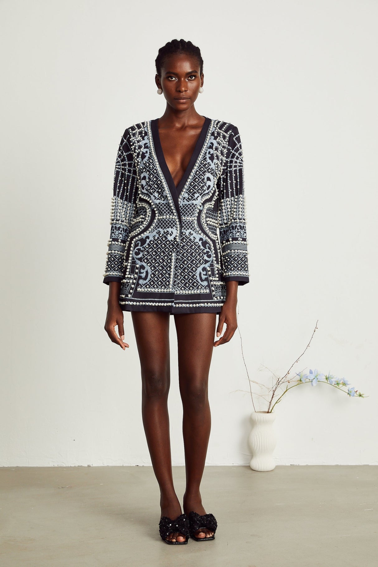 Laney Blazer Black & White Pattern VNeck Dress